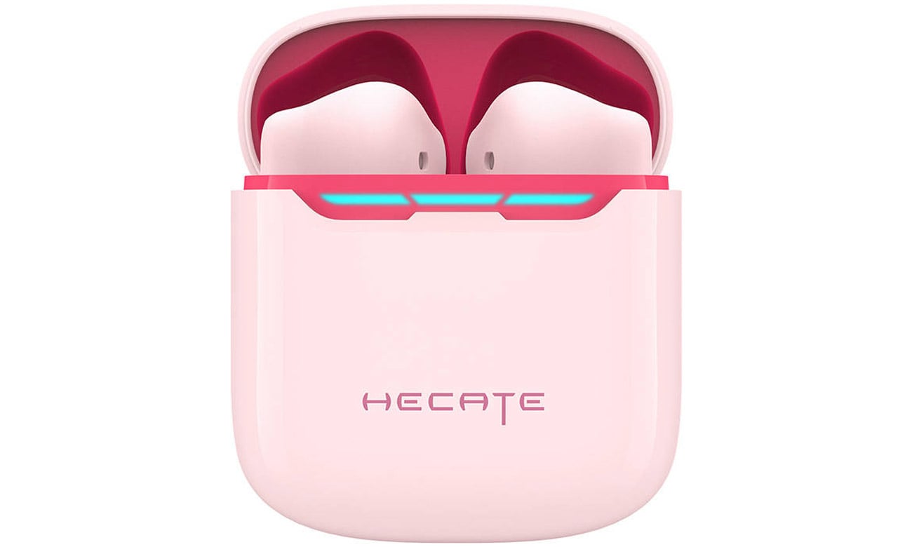 Słuchawki bezprzewodowe Edifier HECATE GM3 Plus Różowe - Widok od przodu wraz z etui