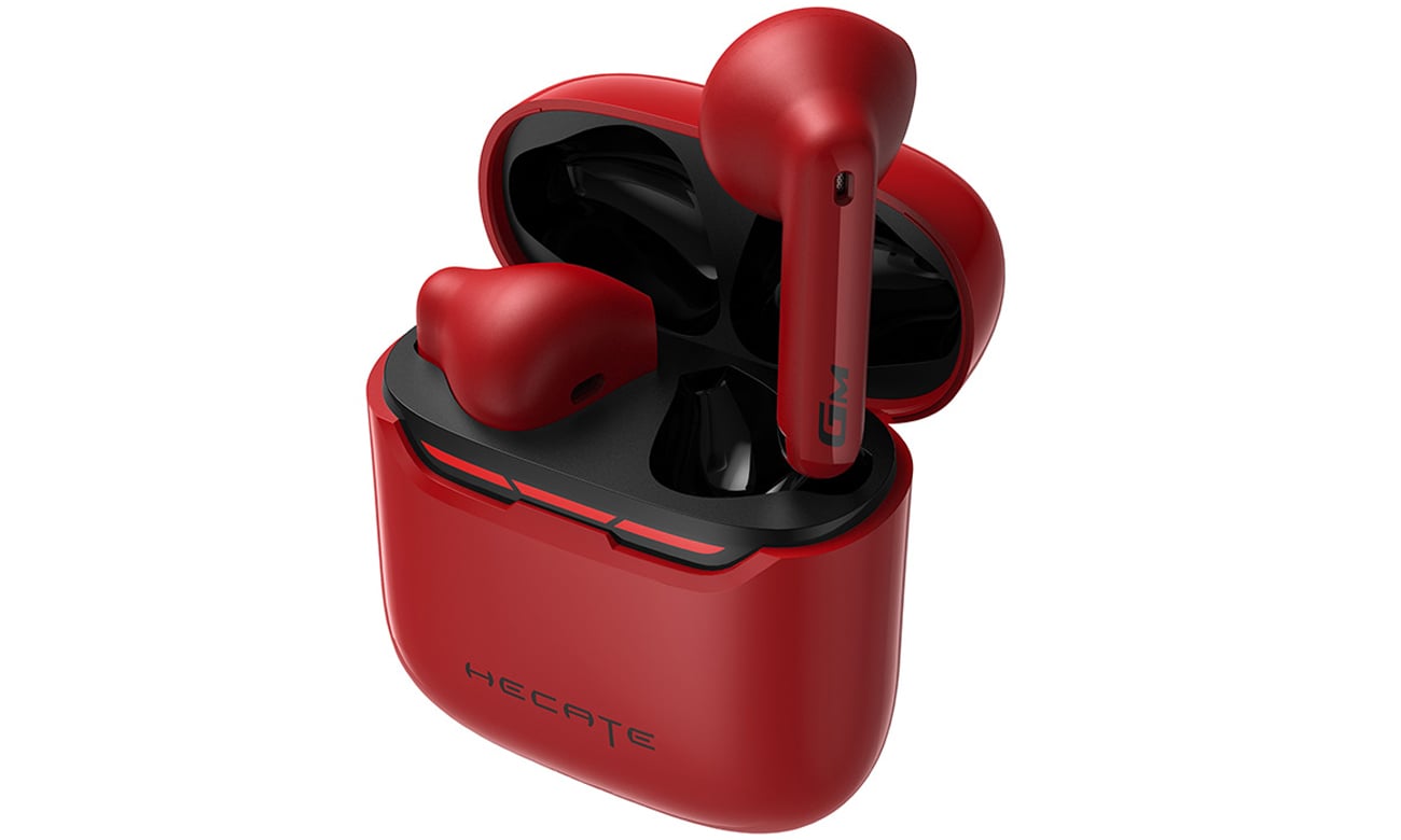 Słuchawki bezprzewodowe Edifier HECATE GM3 Plus Czerwone - Widok od przodu pod kątem wraz z etui