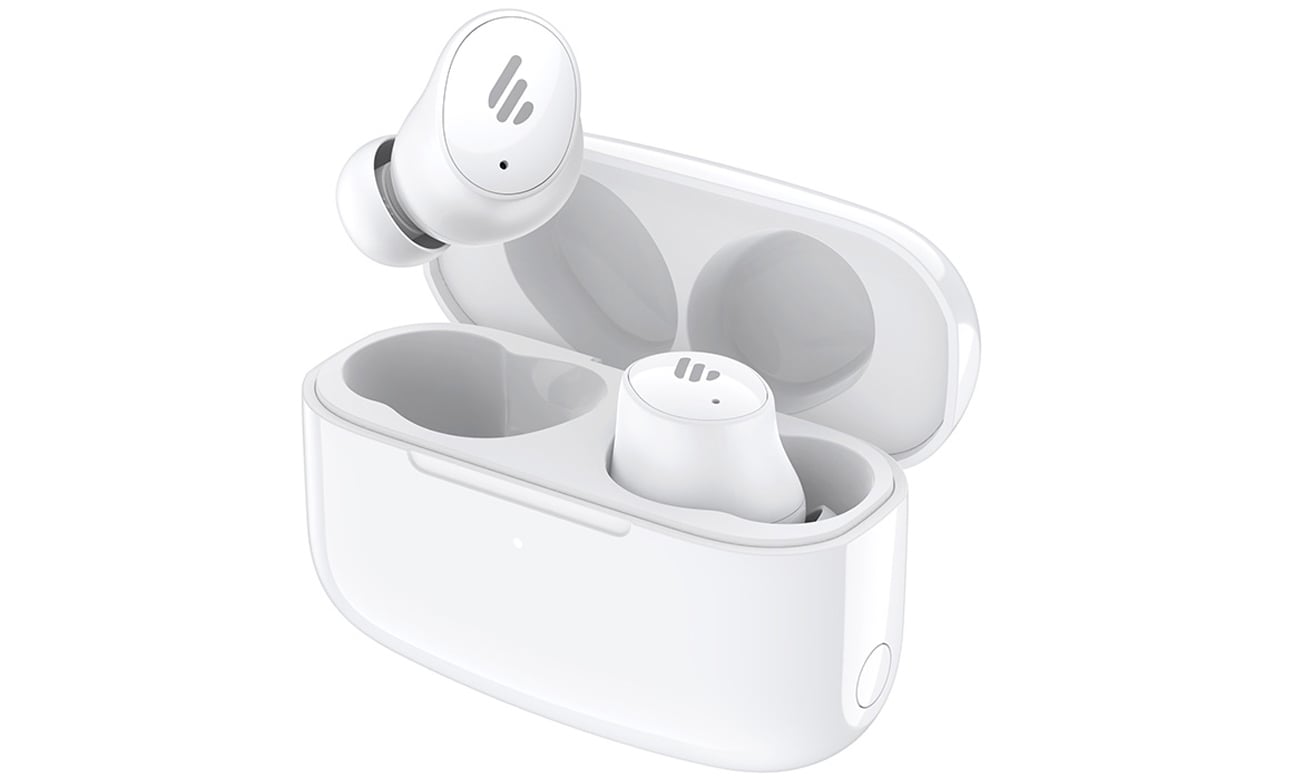 Słuchawki bezprzewodowe Edifier TWS1 Pro 2 ANC Białe - Widok od przodu pod kątem wraz z otwartym etui ładującym