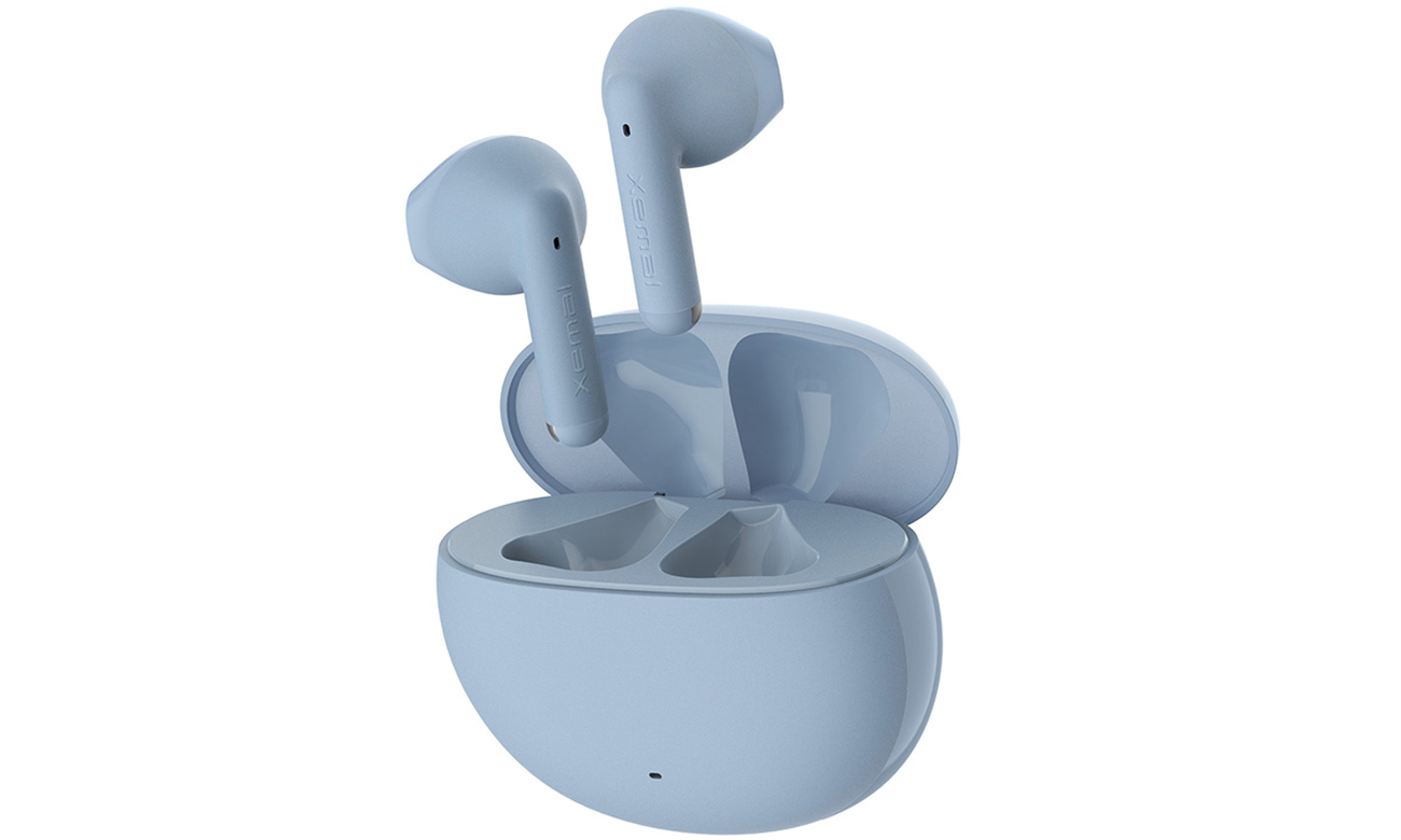 Słuchawki bezprzewodowe Edifier X2 Niebieskie - Widok od przodu pod kątem wraz otwartym etui ładującym