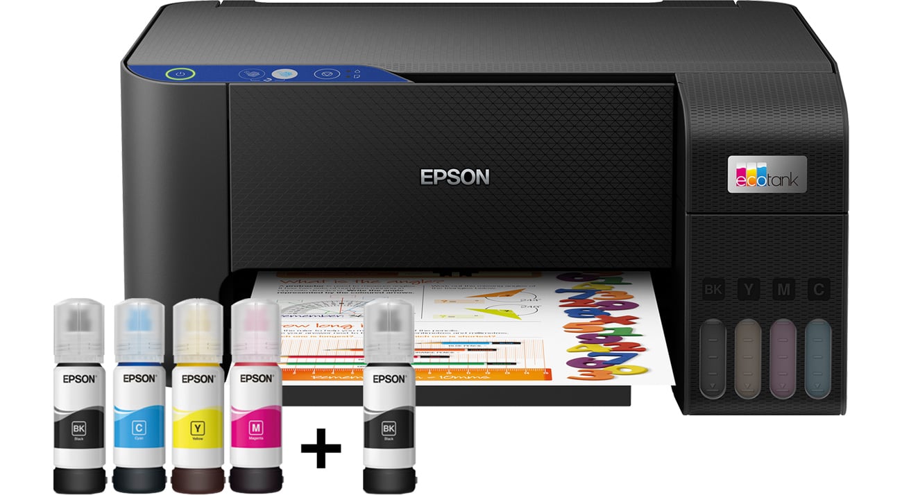 Epson EcoTank L3211 widok z przodu, tusze