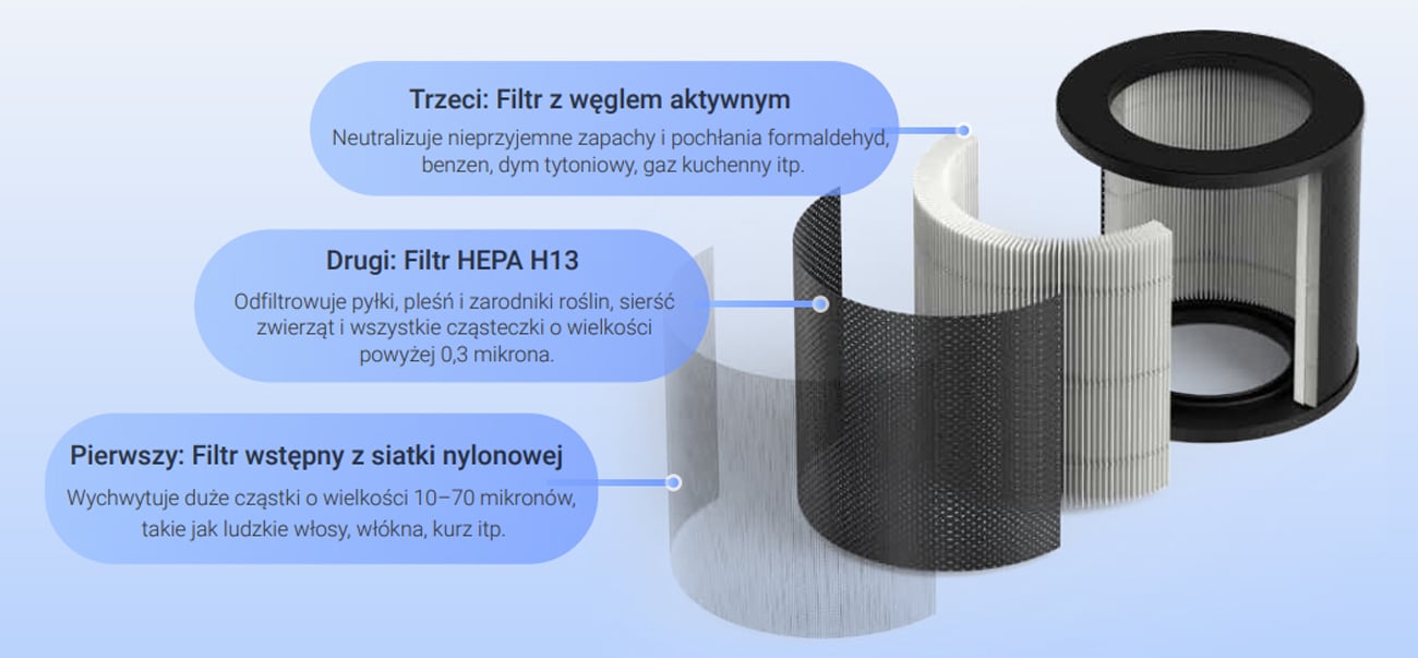 Jonizujący oczyszczacz powietrza EZVIZ EB250A - Grafika prezentująca możliwości filtra