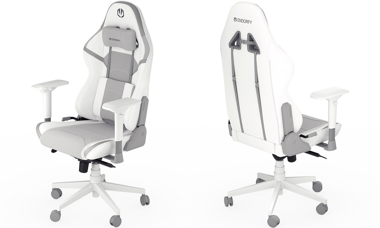 Fotel gamingowy ENDORFY Scrim Onyx White - Widok od przodu i od tyłu pod kątem