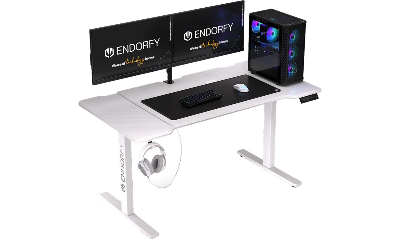 Biurko gamingowe ENDORFY Atlas L Electric Onyx White z umieszczonym na nim sprzętem komputerowym