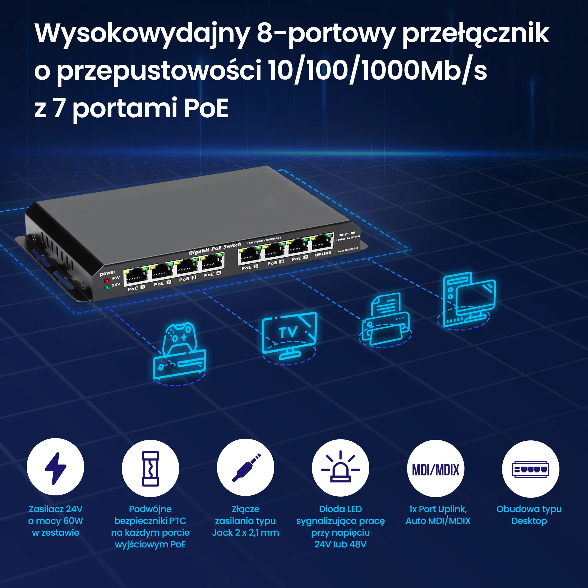Extralink KRATOS | Switch PoE | 7x Gigabit PoE, 1x Uplink RJ45, Zasilacz 24V 2.5A, Moc 60W