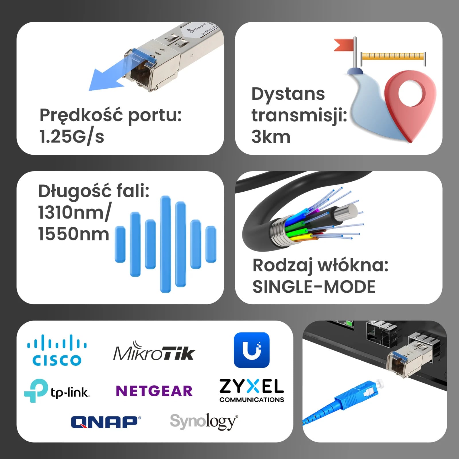 Extralink SFP 1.25G | Moduł SFP WDM | 1,25Gbps, 1310/1550nm, single mode, 3km, SC, DOM, para