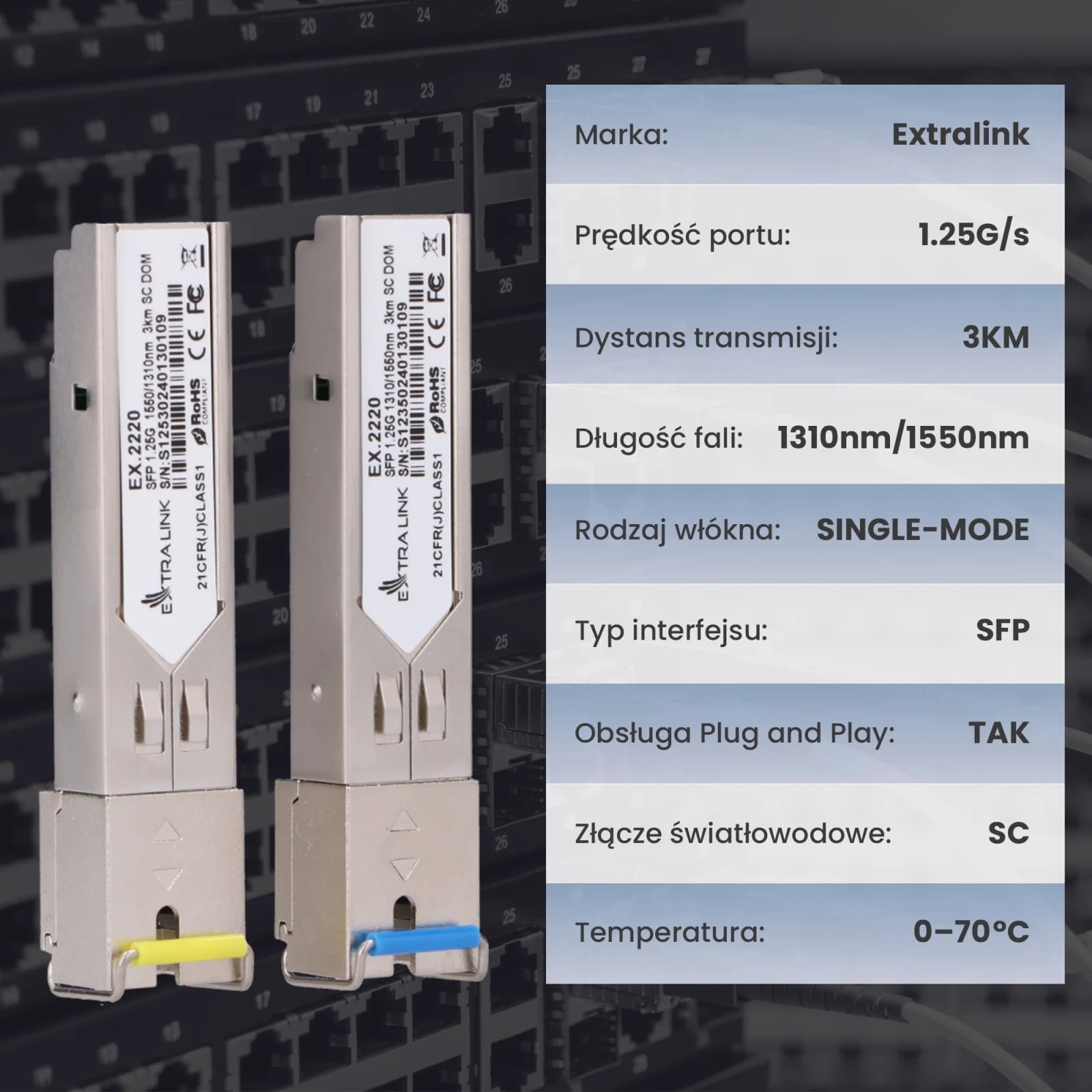Extralink SFP 1.25G | Moduł SFP WDM | 1,25Gbps, 1310/1550nm, single mode, 3km, SC, DOM, para