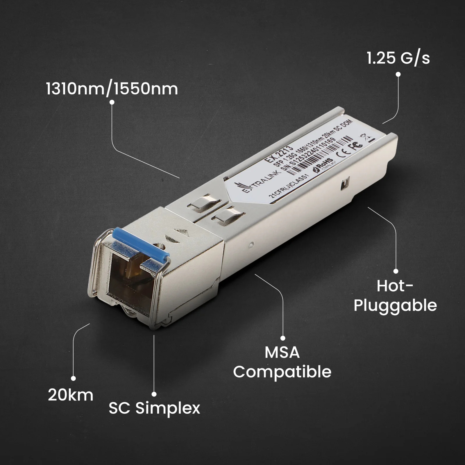 Extralink SFP 1.25G | Moduł SFP WDM | 1,25Gbps, 1310/1550nm, single mode, 20km, SC, DOM, para