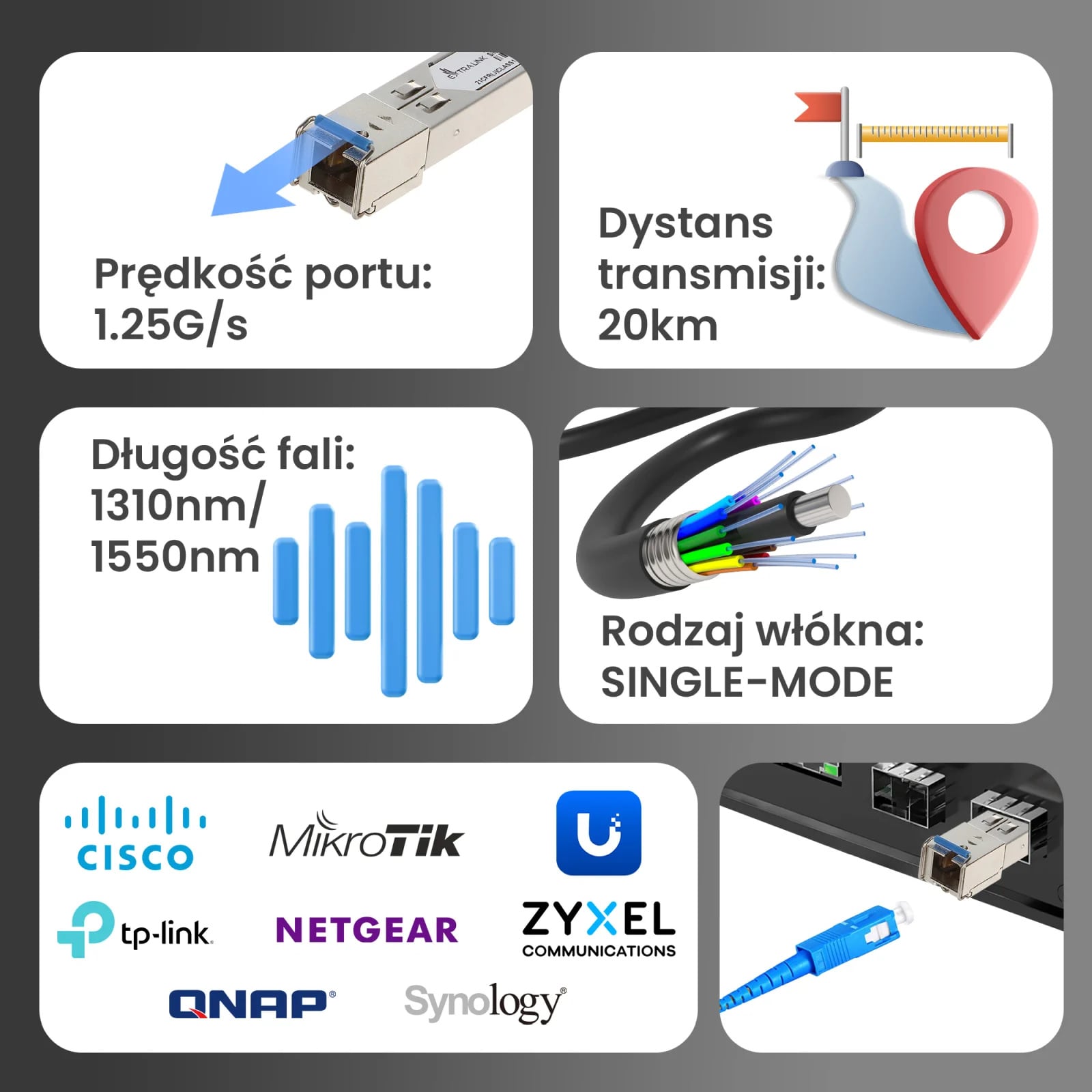 Extralink SFP 1.25G | Moduł SFP WDM | 1,25Gbps, 1310/1550nm, single mode, 20km, SC, DOM, para