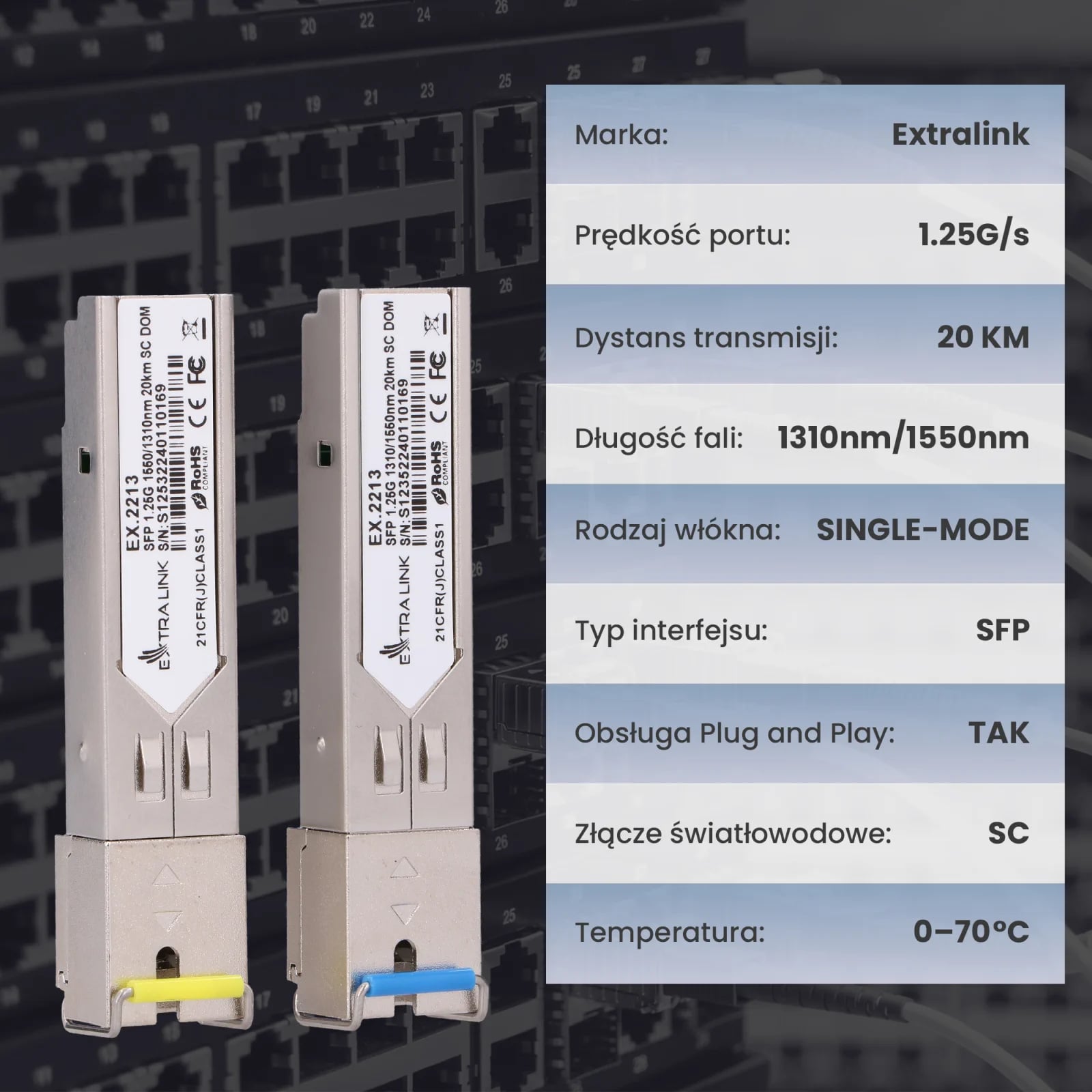 Extralink SFP 1.25G | Moduł SFP WDM | 1,25Gbps, 1310/1550nm, single mode, 20km, SC, DOM, para