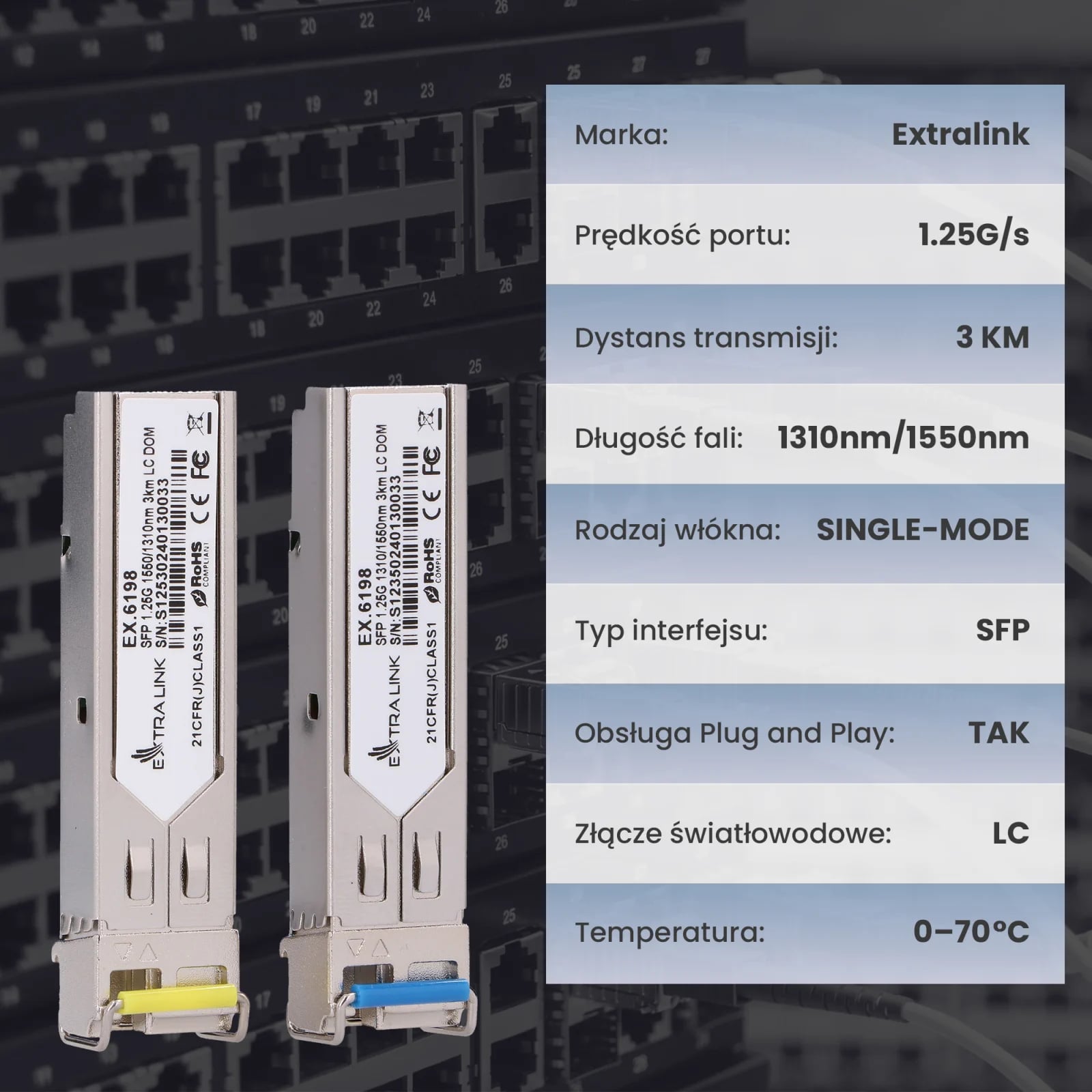 Extralink SFP 1.25G | Moduł SFP WDM | 1,25Gbps, 1310/1550nm, single mode, 3km, LC, DOM, para