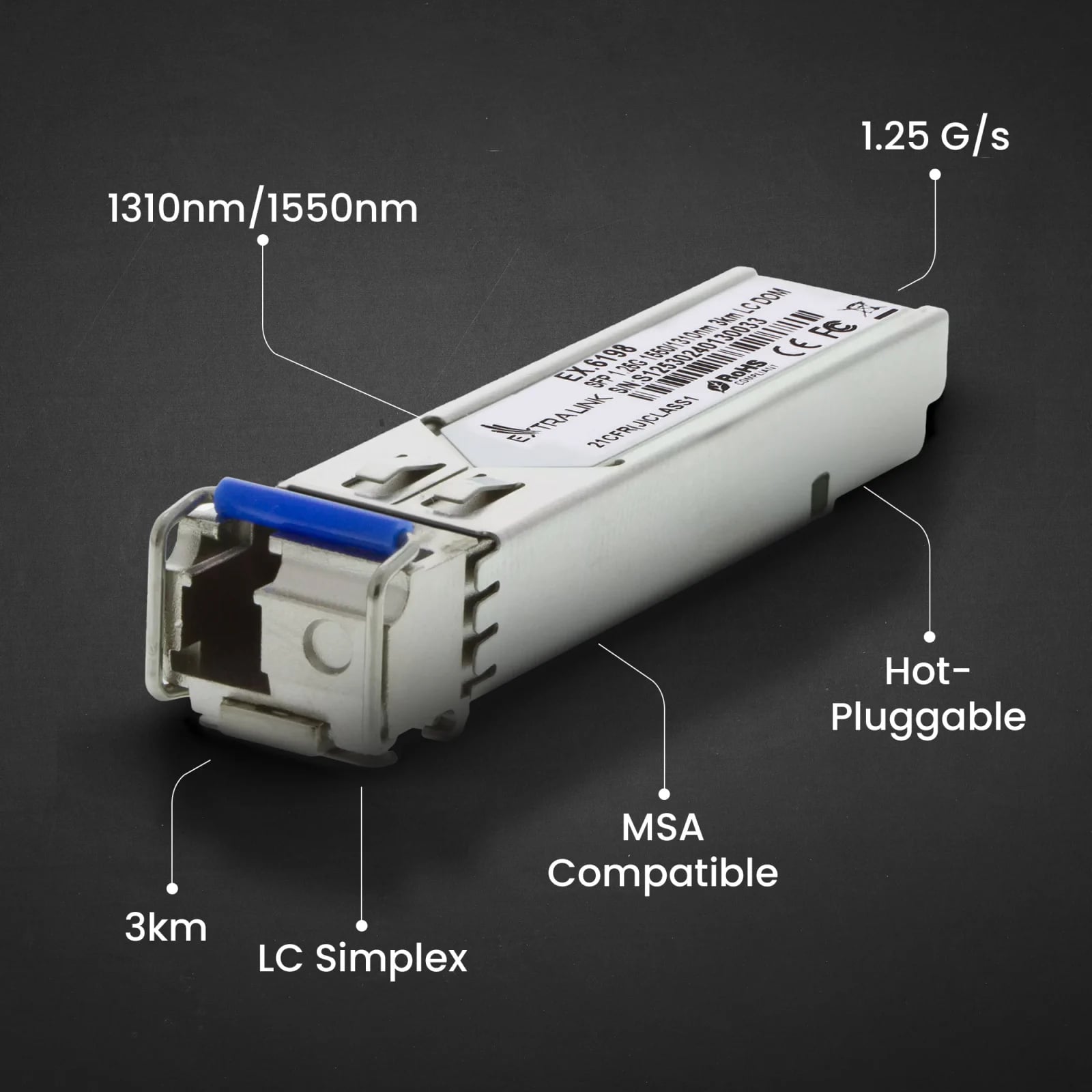 Extralink SFP 1.25G | Moduł SFP WDM | 1,25Gbps, 1310/1550nm, single mode, 3km, LC, DOM, para