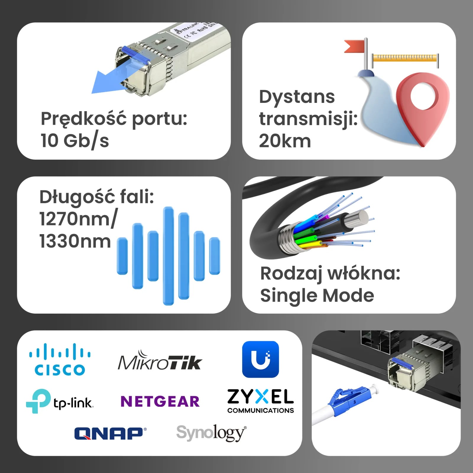 Extralink SFP+ 10G | Moduł SFP+ WDM | 10Gbps 1270/1330nm, single mode, 20km, LC, DOM, para