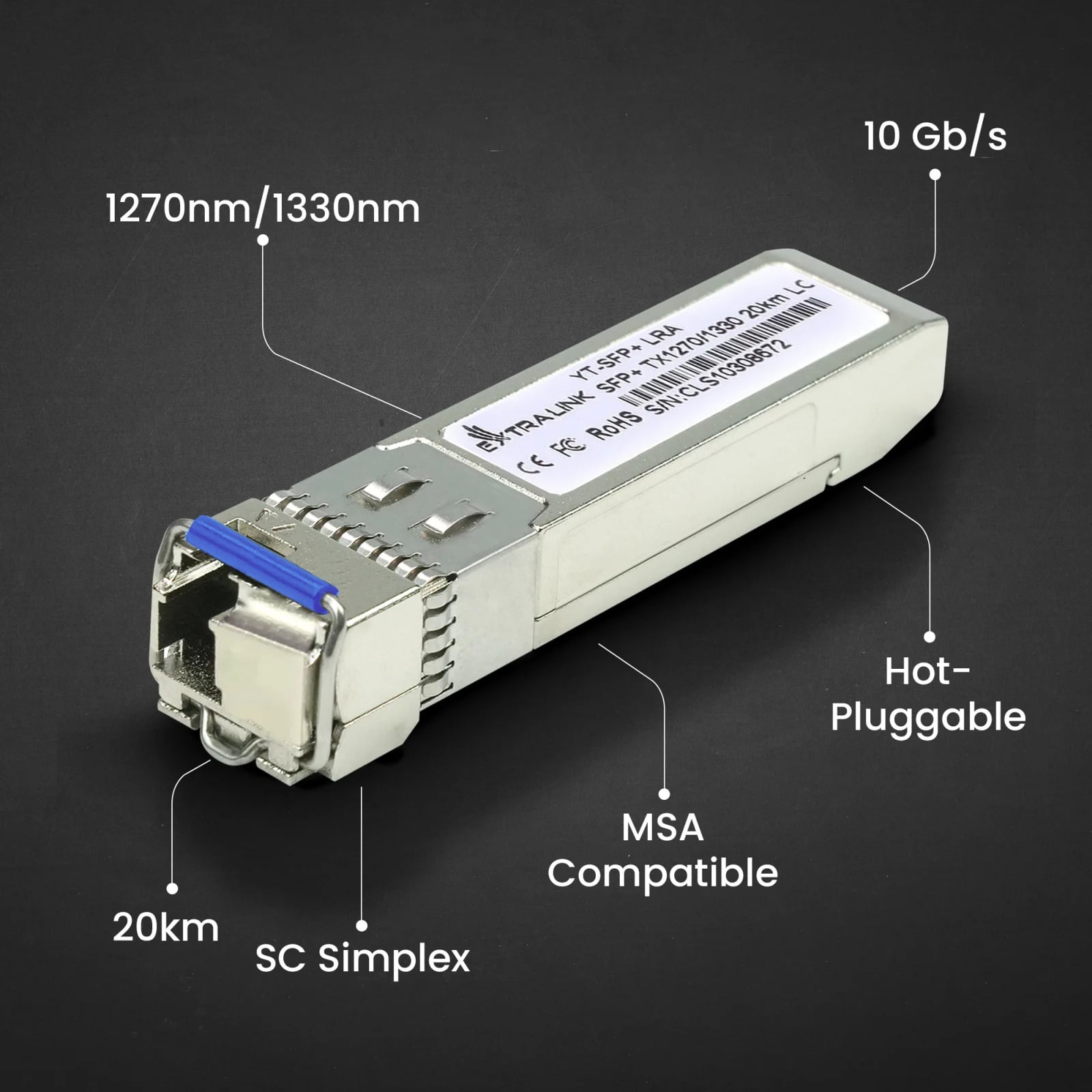 Extralink SFP+ 10G | Moduł SFP+ WDM | 10Gbps 1270/1330nm, single mode, 20km, LC, DOM, para