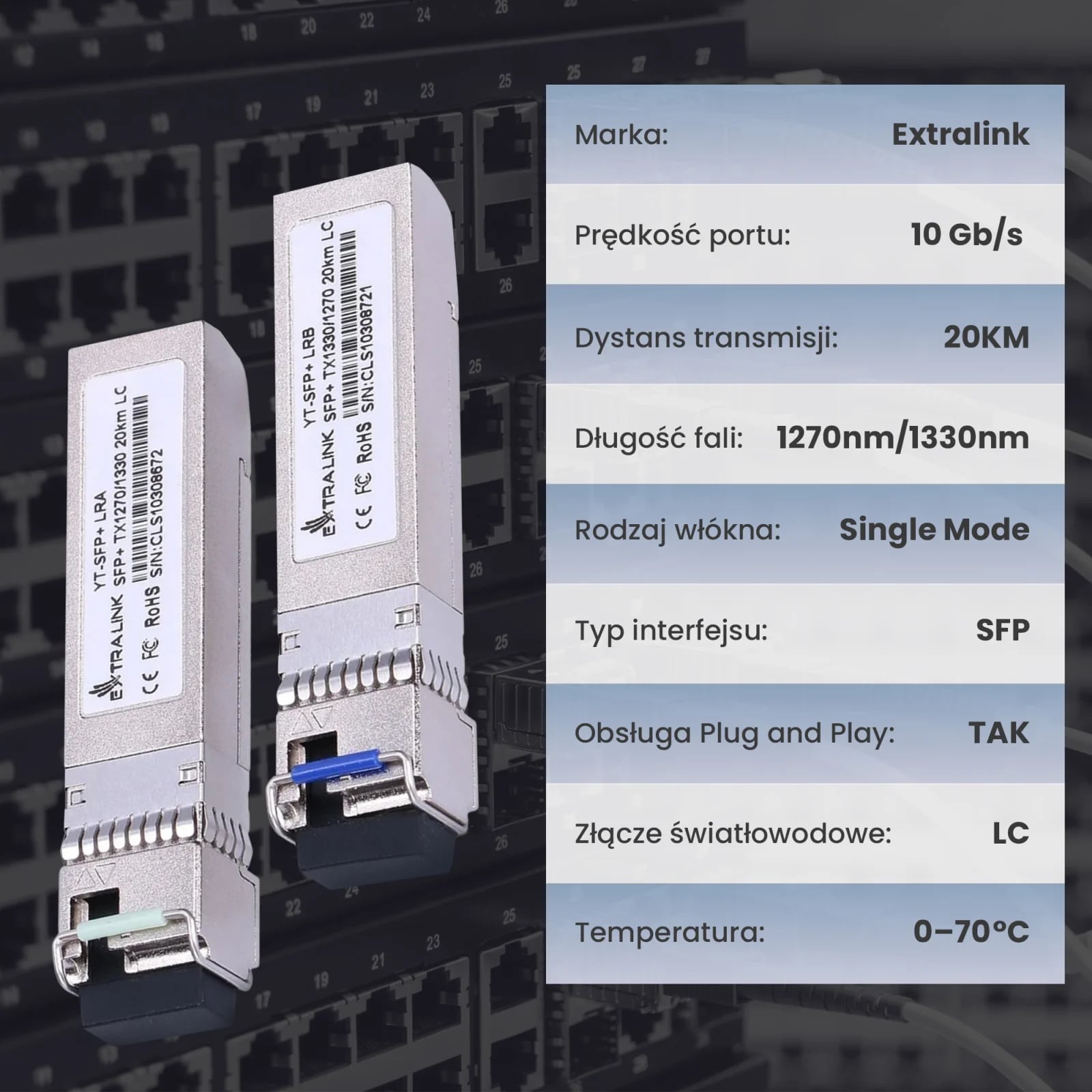 Extralink SFP+ 10G | Moduł SFP+ WDM | 10Gbps 1270/1330nm, single mode, 20km, LC, DOM, para