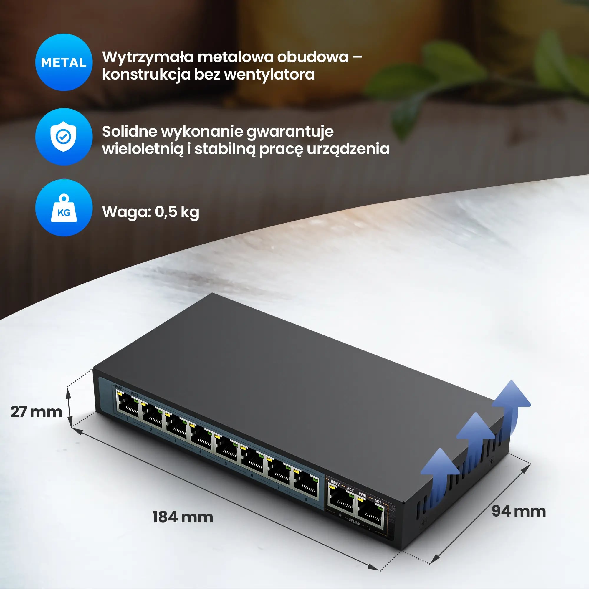 Extralink CERES | Switch PoE | 8x 100Mb/s PoE/PoE+, 2x RJ45 Uplink 100Mb/s, 96W