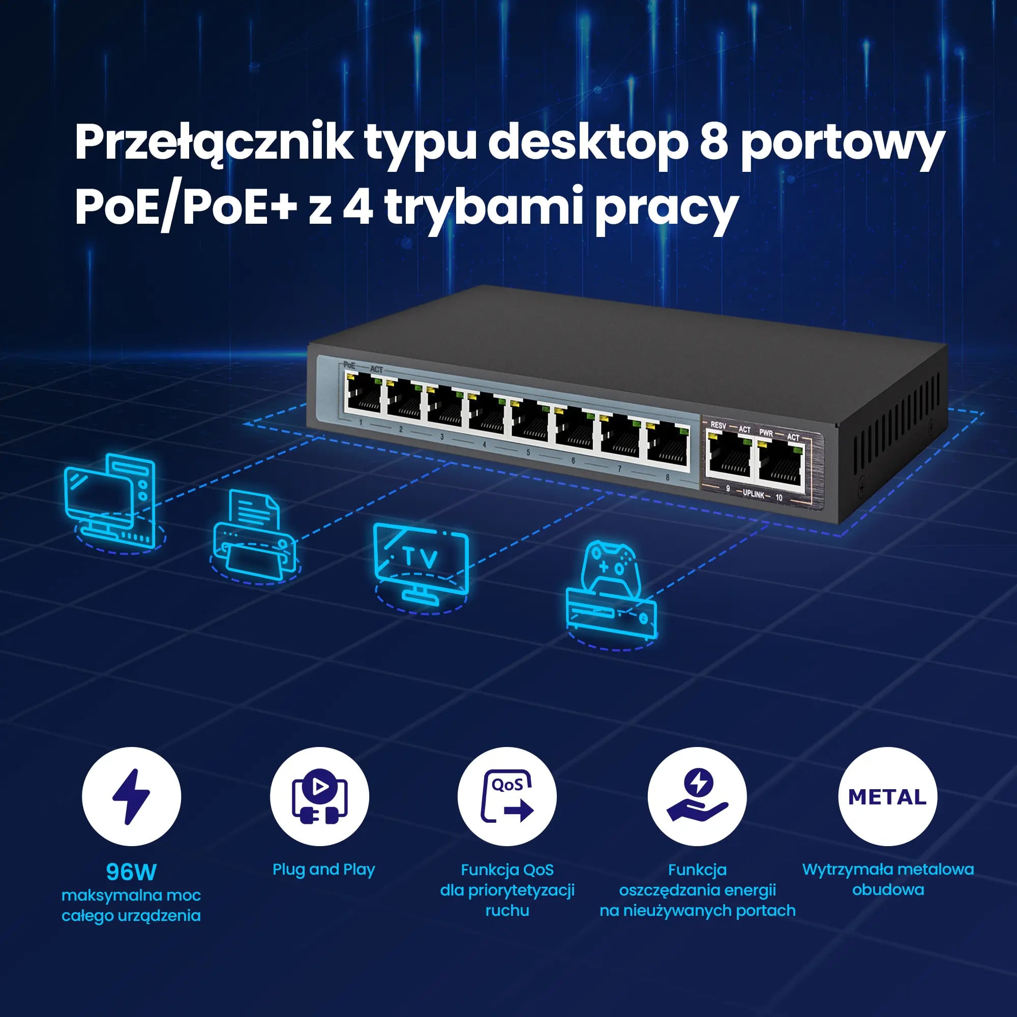 Extralink CERES | Switch PoE | 8x 100Mb/s PoE/PoE+, 2x RJ45 Uplink 100Mb/s, 96W