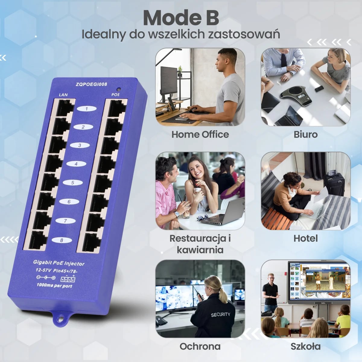 Extralink 8 Portowy | Gigabit PoE Injector | 8x 1000Mb/s RJ45, Mode B