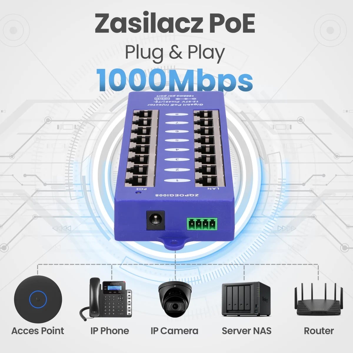 Extralink 8 Portowy | Gigabit PoE Injector | 8x 1000Mb/s RJ45, Mode B