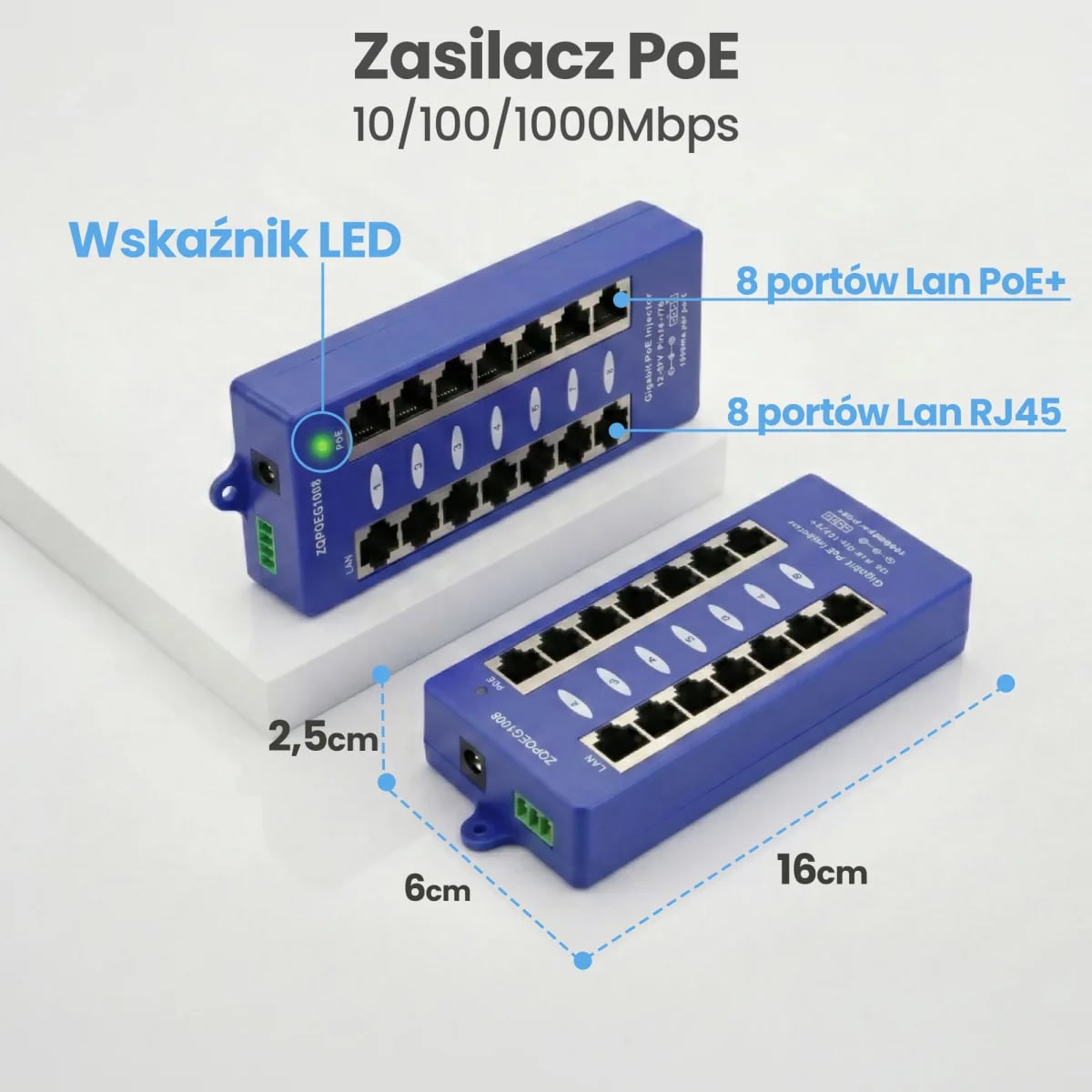 Extralink 8 Portowy | Gigabit PoE Injector | 8x 1000Mb/s RJ45, Mode B