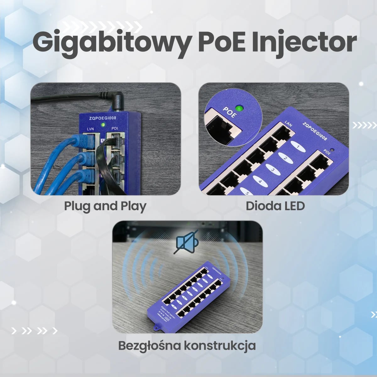 Extralink 8 Portowy | Gigabit PoE Injector | 8x 1000Mb/s RJ45, Mode B