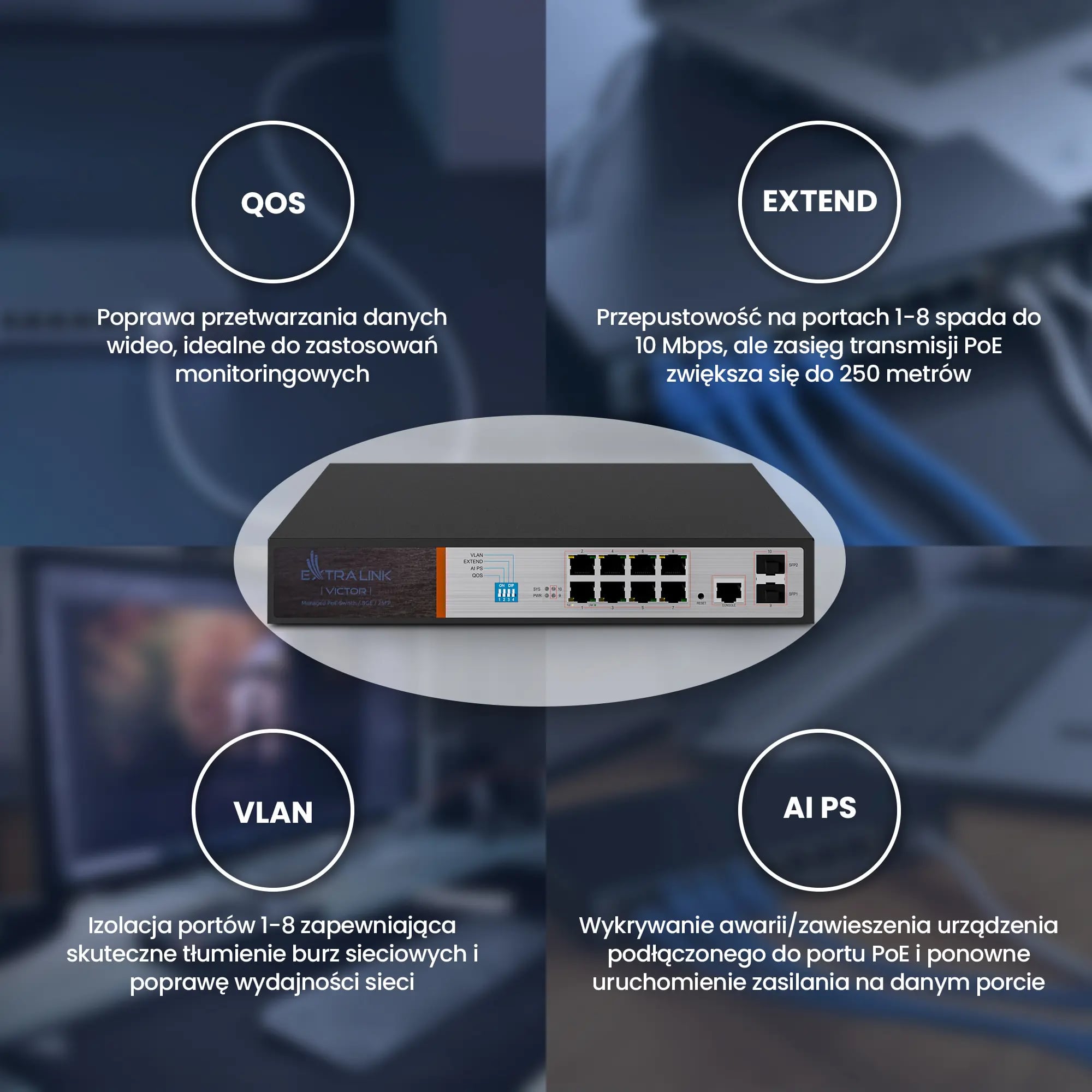 Extralink VICTOR | Switch PoE | 8x Gigabit PoE/PoE+, 2x SFP, 1x Port Konsolowy, 150W, Zarządzalny