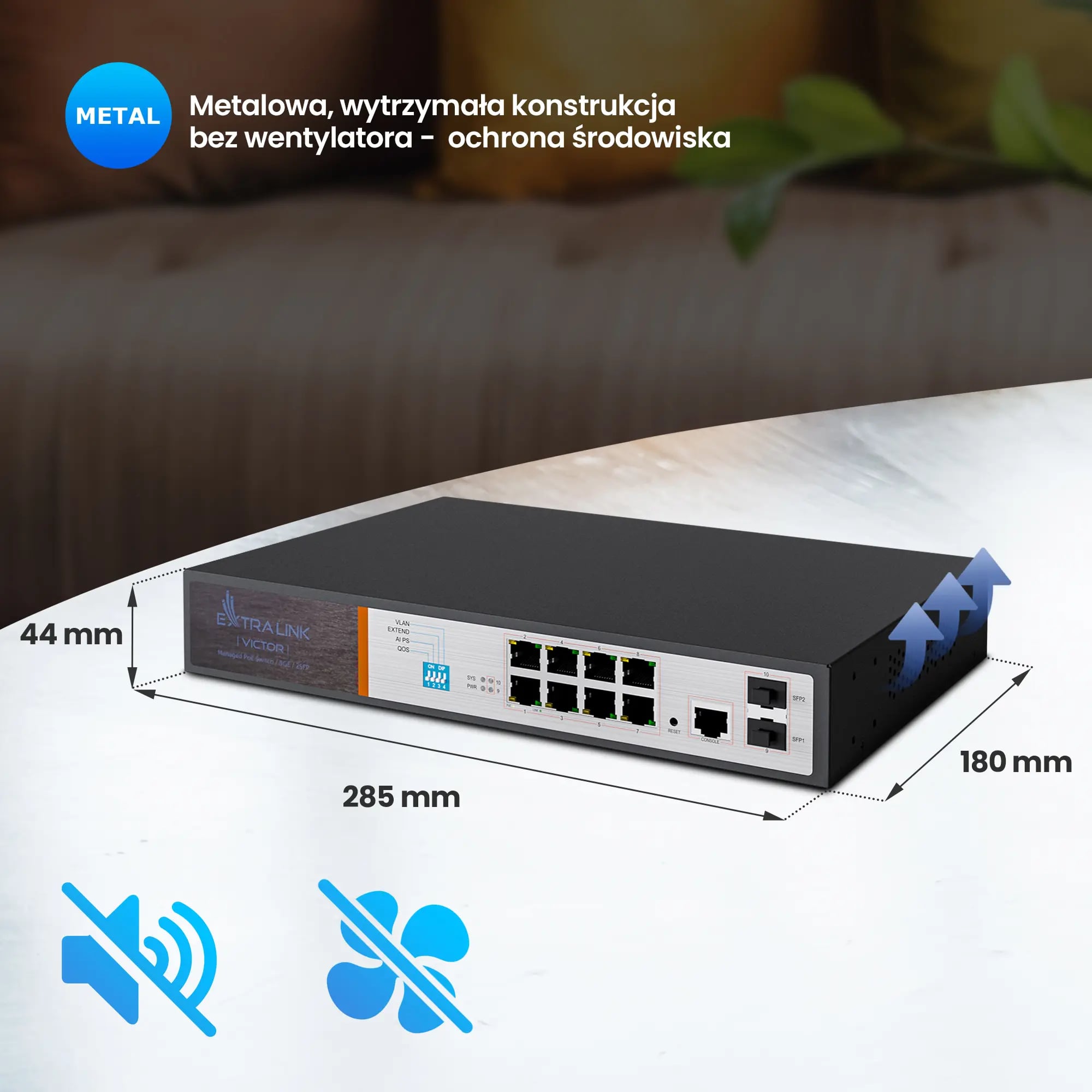Extralink VICTOR | Switch PoE | 8x Gigabit PoE/PoE+, 2x SFP, 1x Port Konsolowy, 150W, Zarządzalny