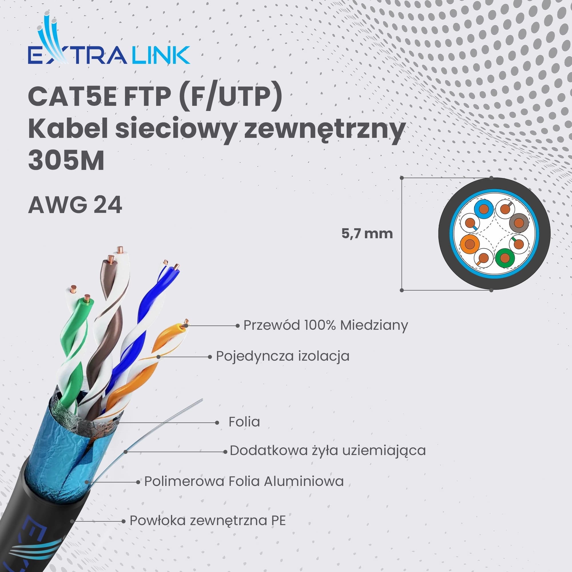 Extralink CAT5E FTP (F/UTP) V2 Zewnętrzny | Kabel sieciowy skrętka | 305M