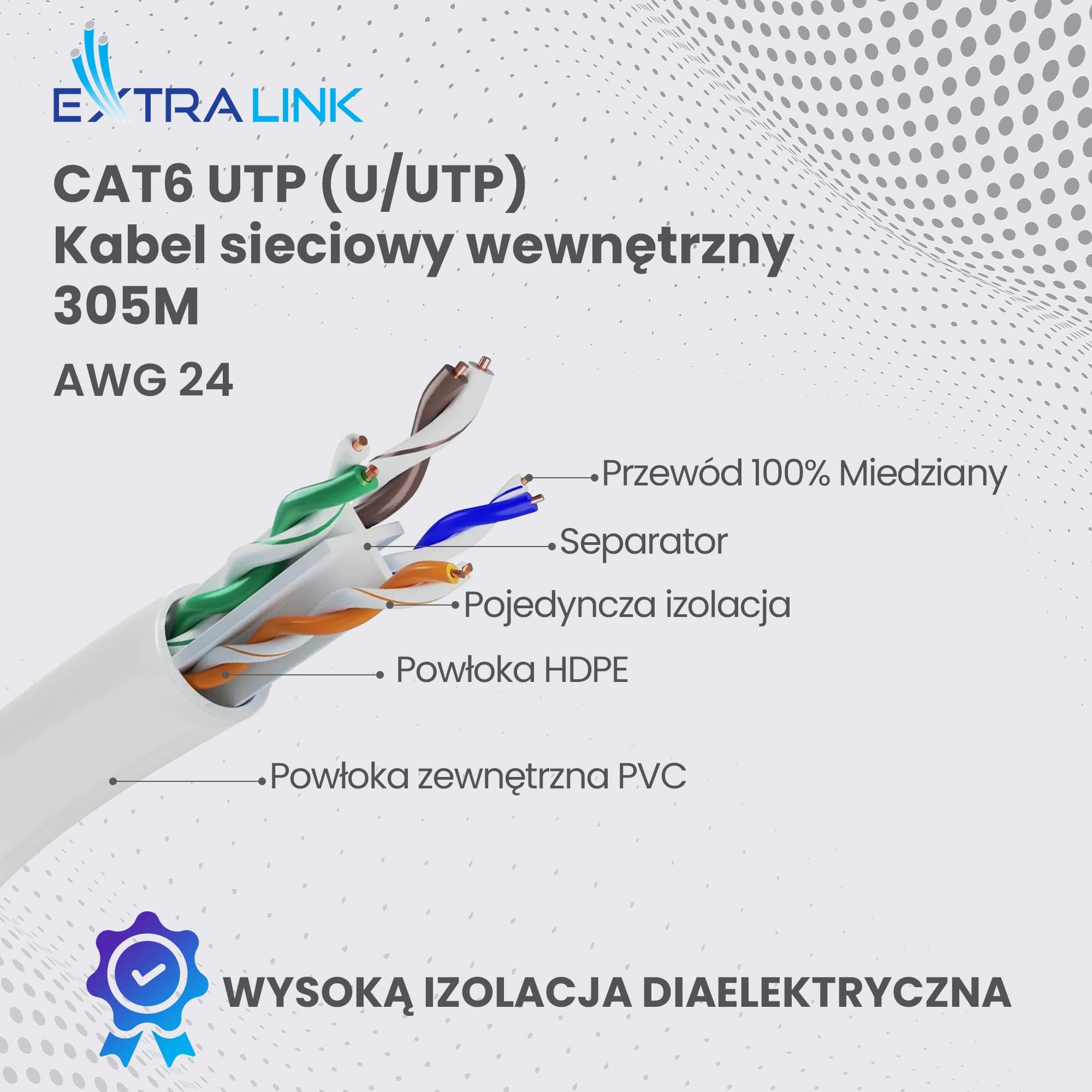 Extralink CAT6 UTP (U/UTP) V2 Wewnętrzny | Kabel sieciowy skrętka | 305M