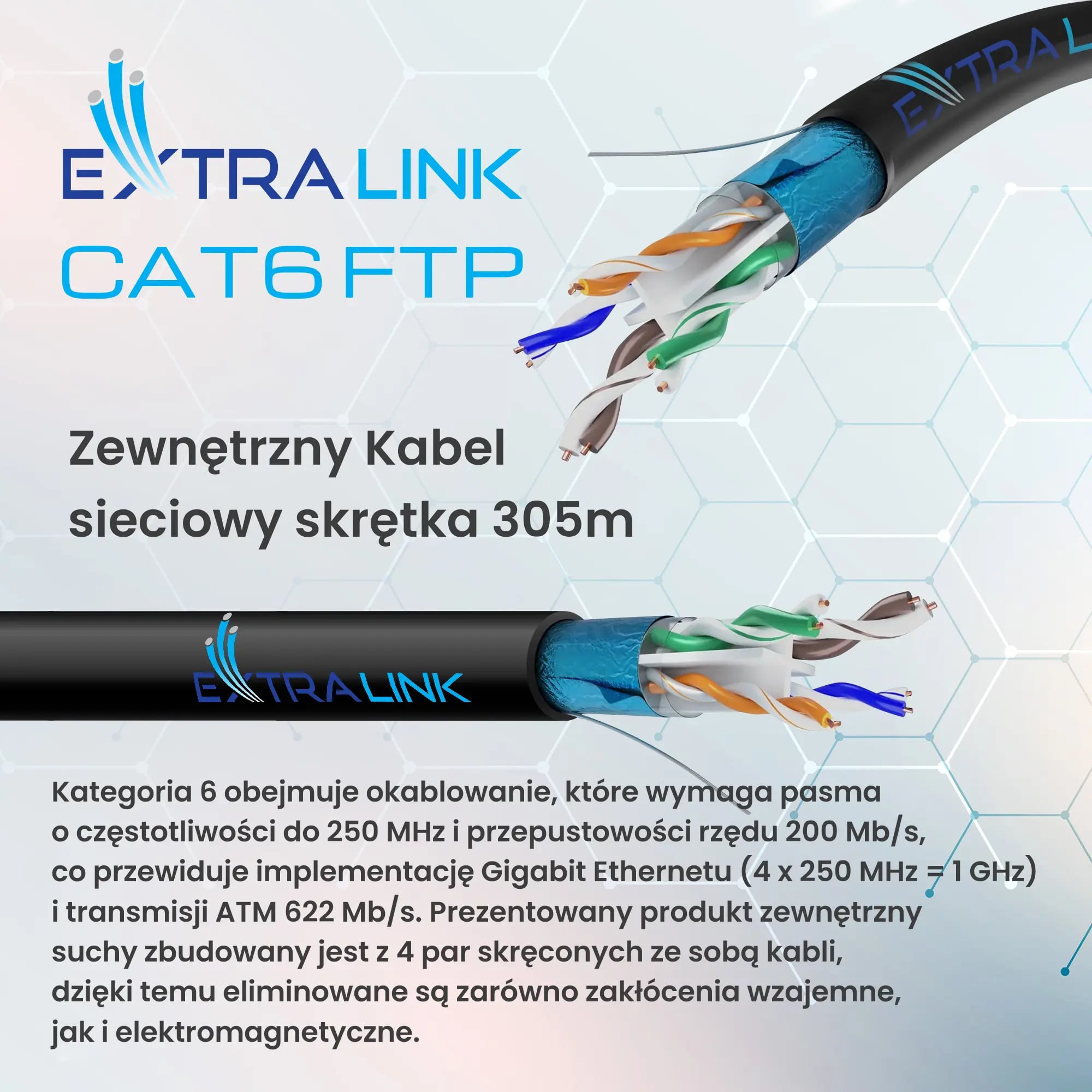 Extralink CAT6 FTP (F/UTP) V2 Zewnętrzny | Kabel sieciowy skrętka | 305M