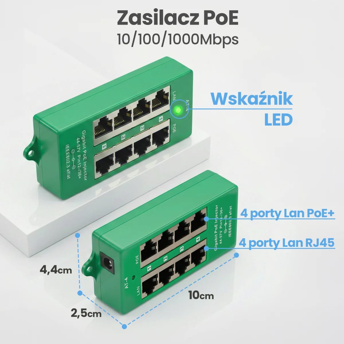 Extralink 4 Portowy | Gigabit PoE Injector | Aktywny, 4 porty Gigabit 802.3at/af, Mode A