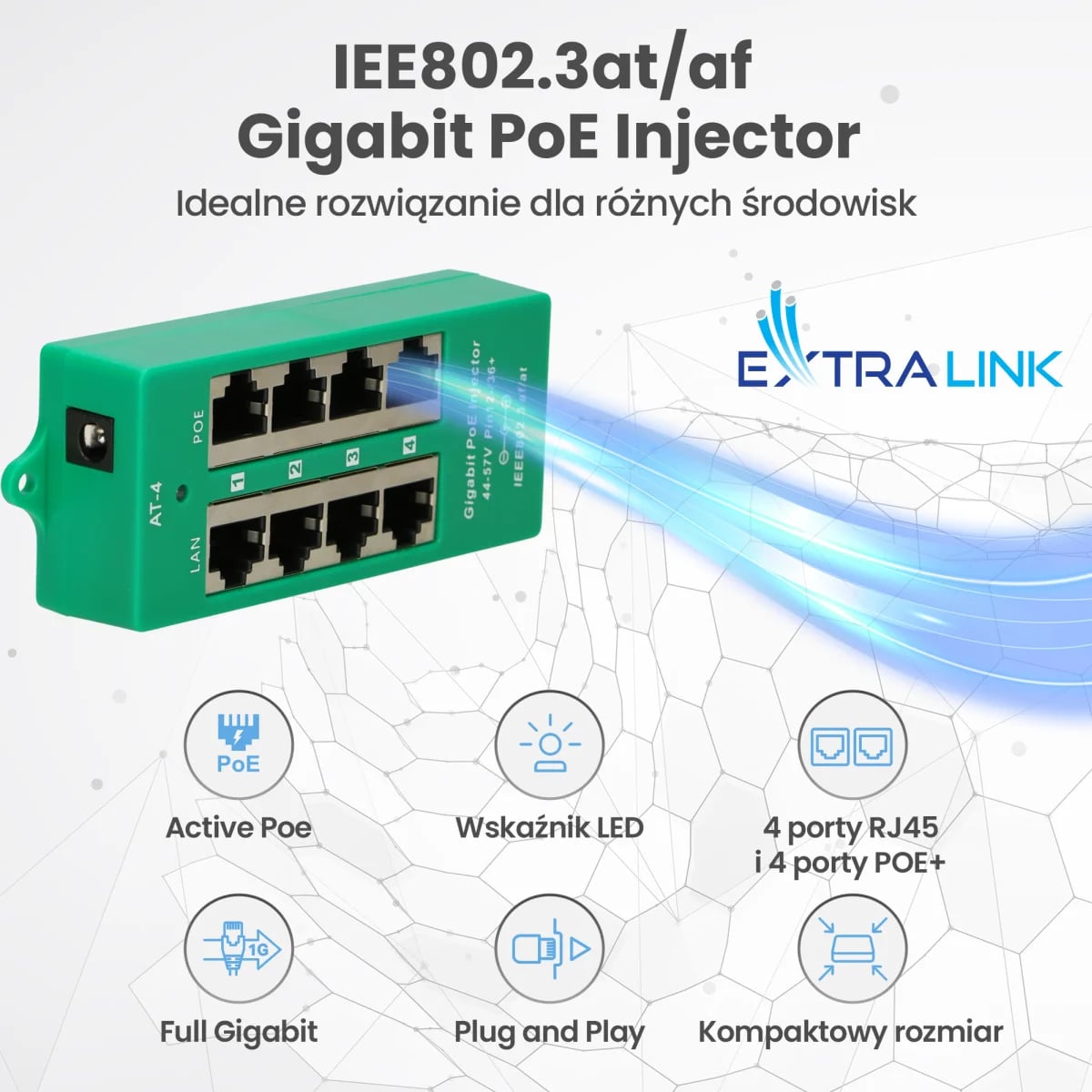 Extralink 4 Portowy | Gigabit PoE Injector | Aktywny, 4 porty Gigabit 802.3at/af, Mode A