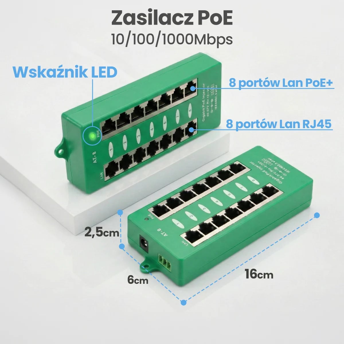 Extralink 8 Portowy | Gigabit PoE Injector | Aktywny, 8 portów Gigabit 802.3at/af, Mode A