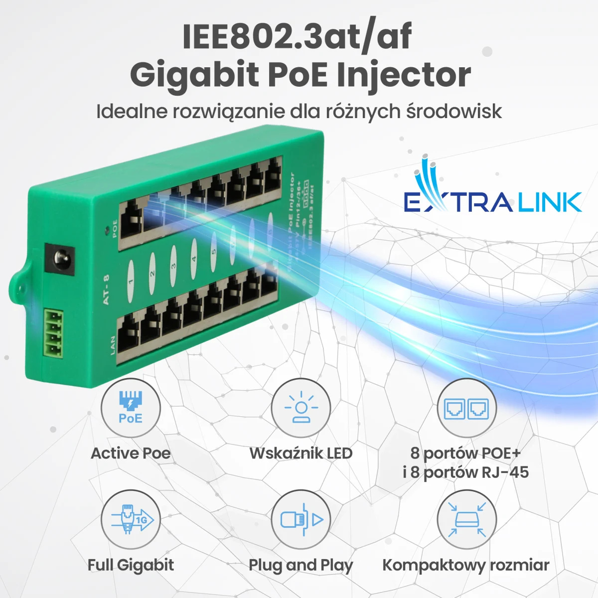 Extralink 8 Portowy | Gigabit PoE Injector | Aktywny, 8 portów Gigabit 802.3at/af, Mode A