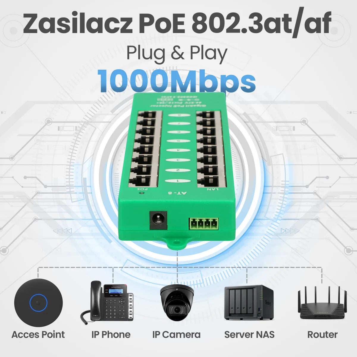 Extralink 8 Portowy | Gigabit PoE Injector | Aktywny, 8 portów Gigabit 802.3at/af, Mode A
