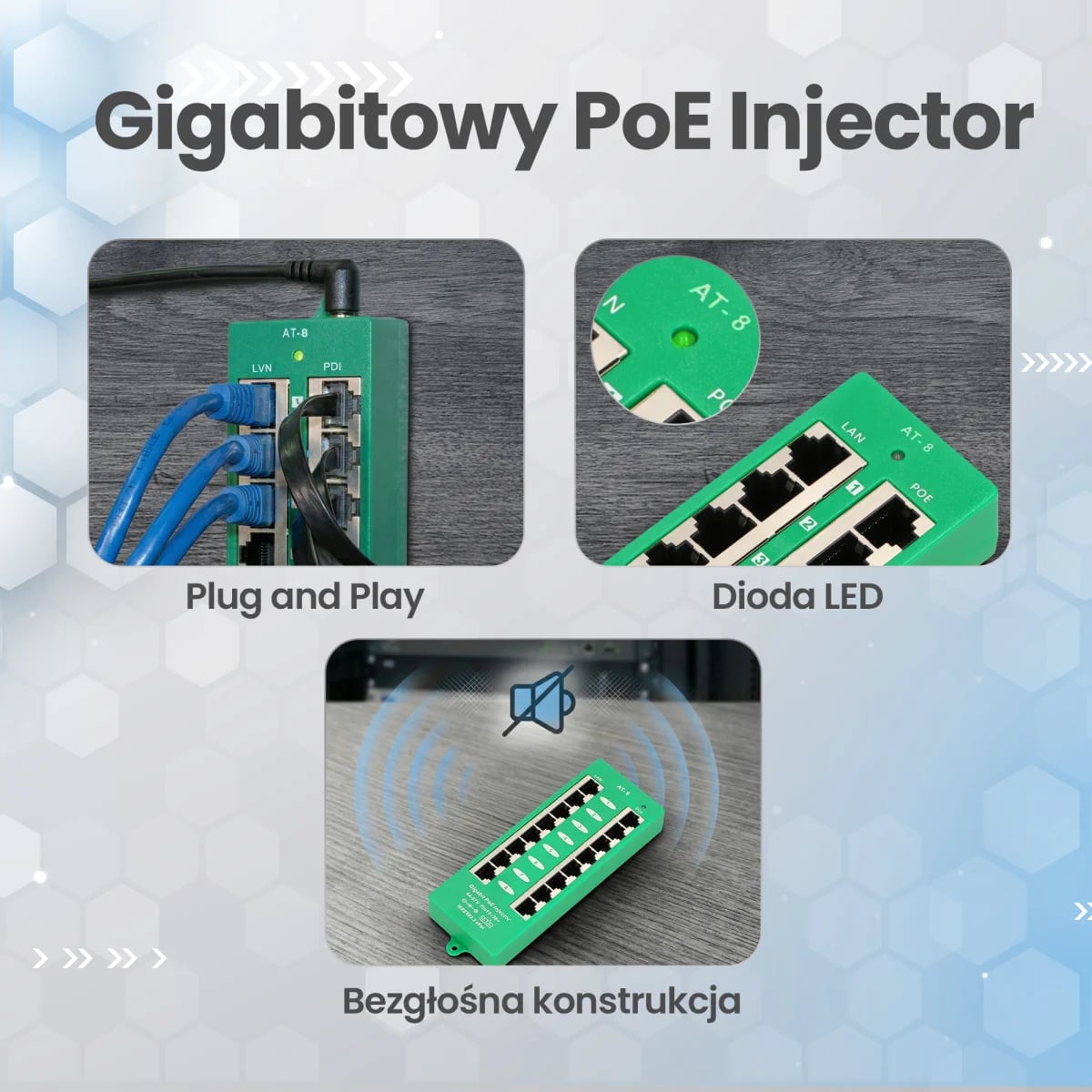 Extralink 8 Portowy | Gigabit PoE Injector | Aktywny, 8 portów Gigabit 802.3at/af, Mode A