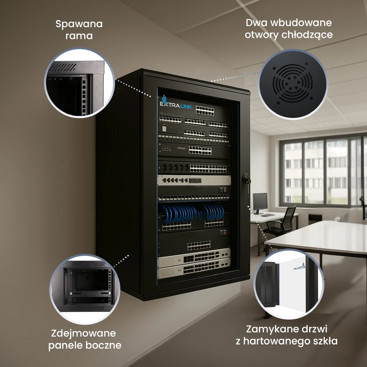 Extralink 12U 600x600 AZH Czarna | Szafa rack | montowana na ścianie, dwusekcyjna