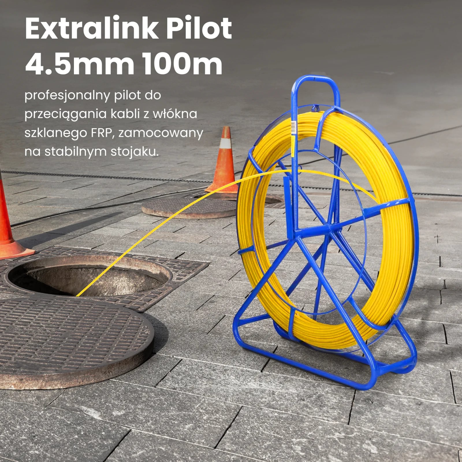 Extralink Pilot 4.5mm 100m | Pilot do przeciągania kabli | włókno szklane FRP, śr. 4,5mm, dł. 100m, żółty