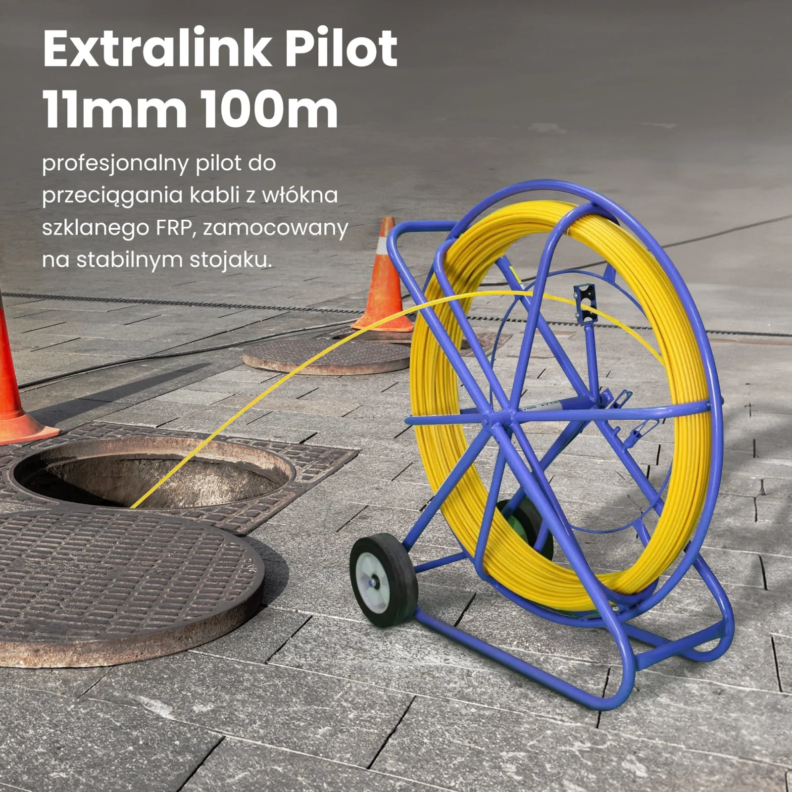Extralink Pilot 11mm 100m | Pilot do przeciągania kabli | włókno szklane FRP, śr. 11mm, dł. 100m, żółty