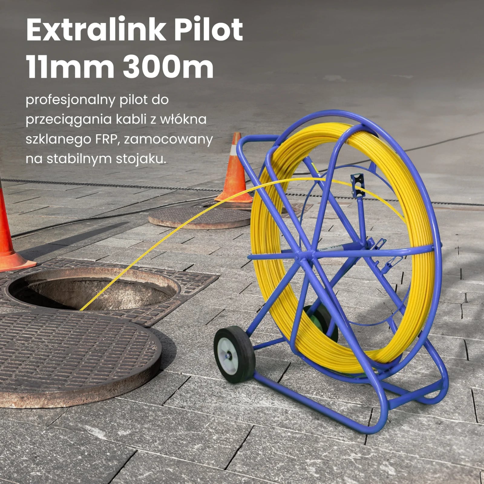 Extralink Pilot 11mm 300m | Pilot do przeciągania kabli | włókno szklane FRP, śr. 11mm, dł. 300m, żółty