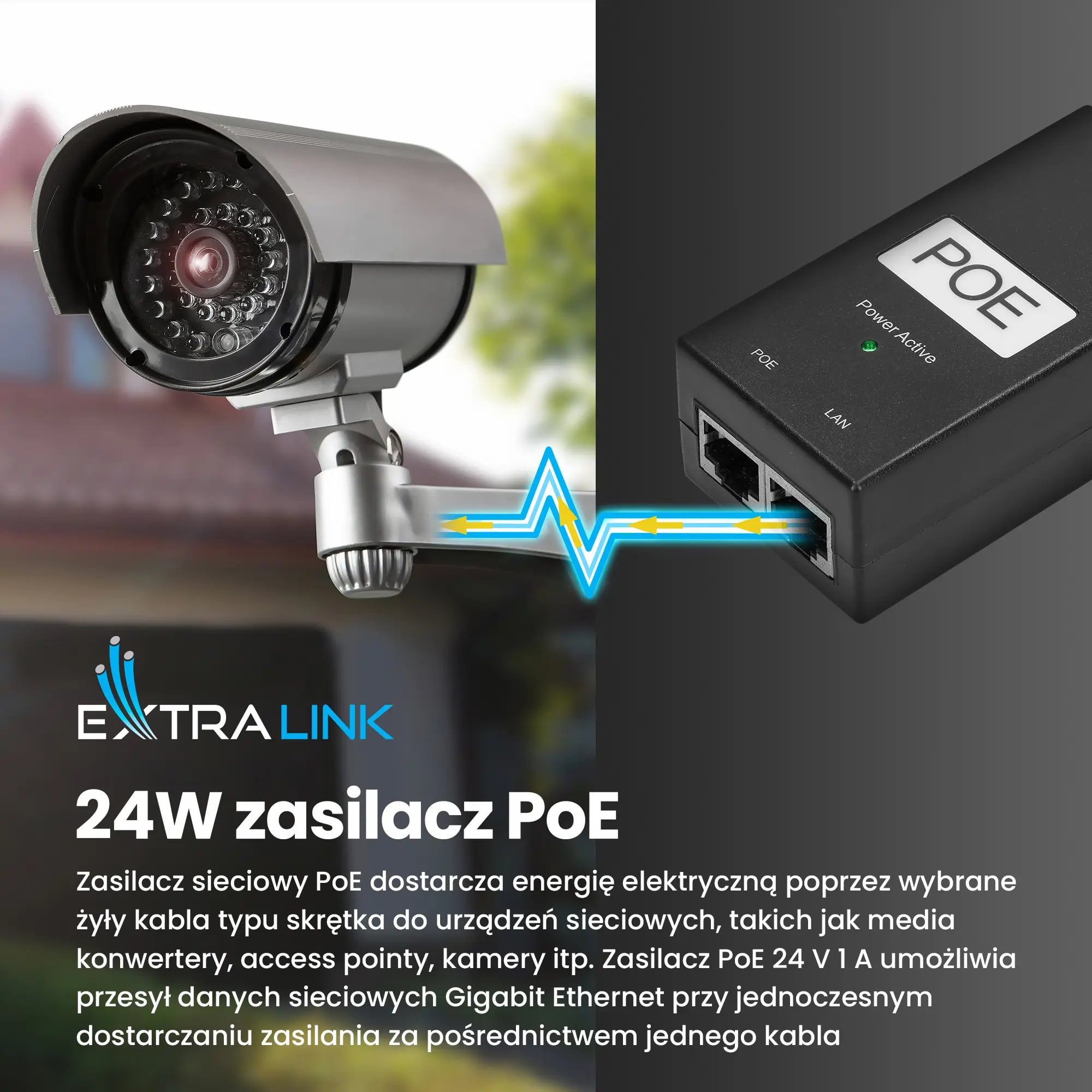 Extralink POE-24-24W | Zasilacz PoE | 24V, 1A, 24W, kabel w zestawie