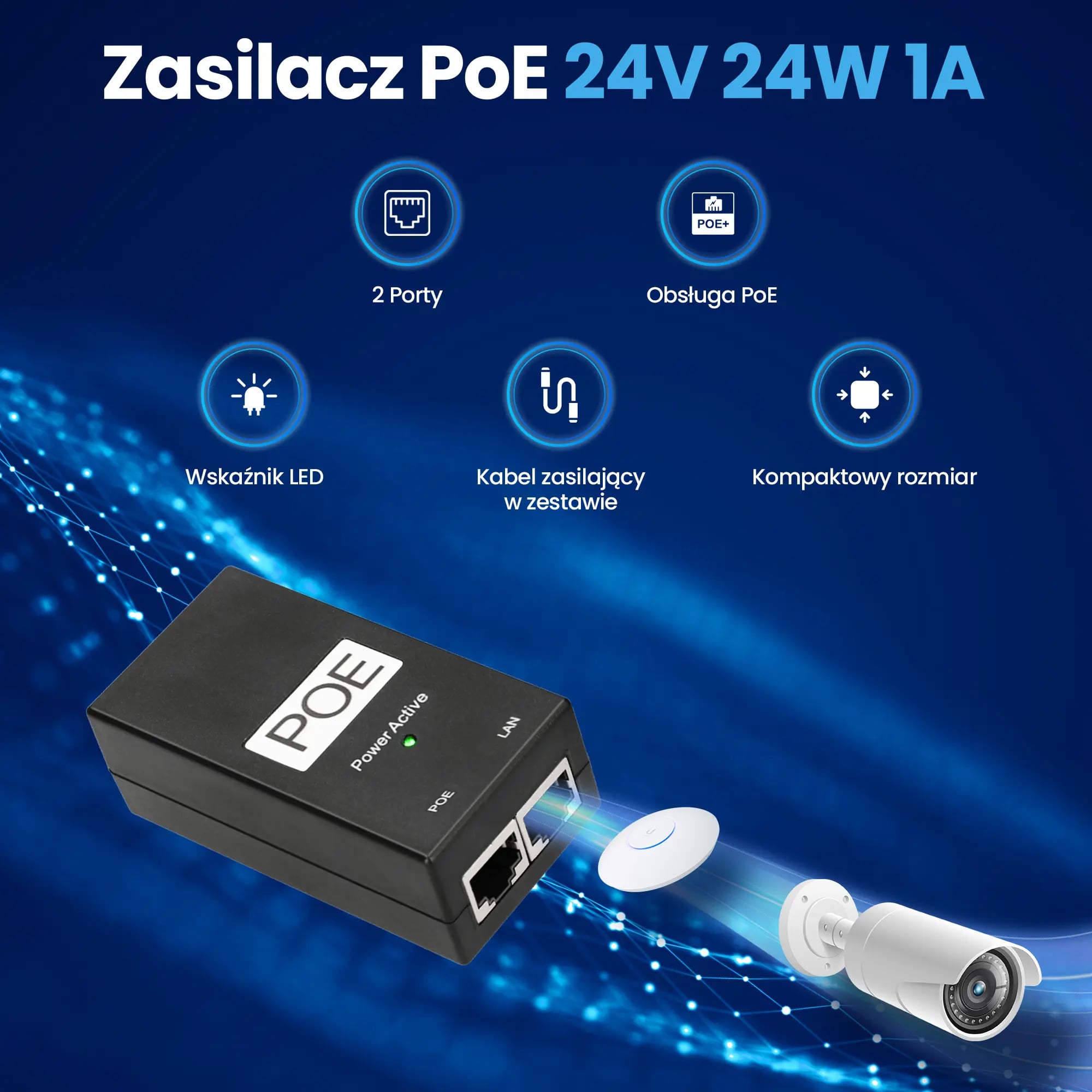 Extralink POE-24-24W | Zasilacz PoE | 24V, 1A, 24W, kabel w zestawie