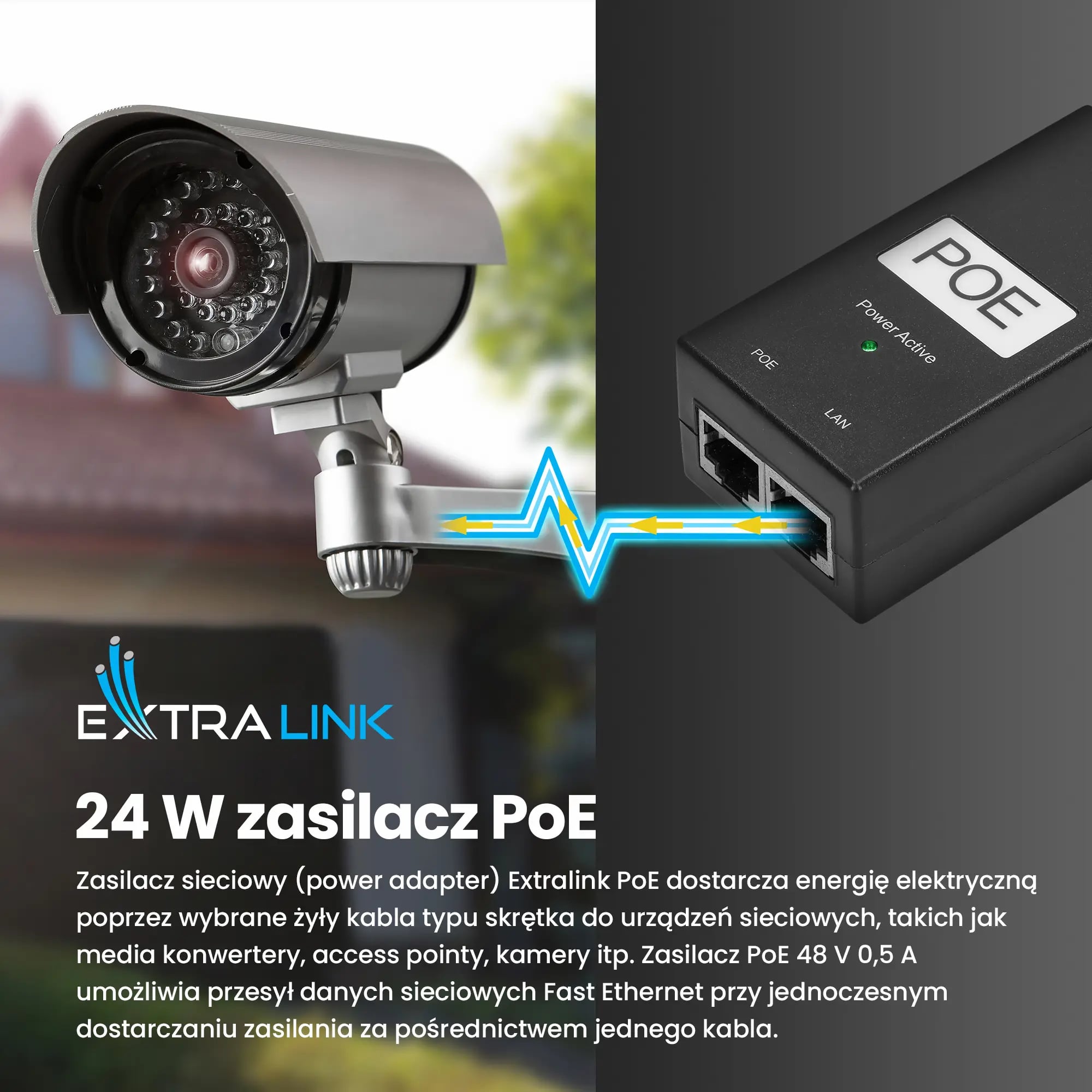 Extralink POE-48-24W | Zasilacz PoE | 48V, 0,5A, 24W, kabel w zestawie