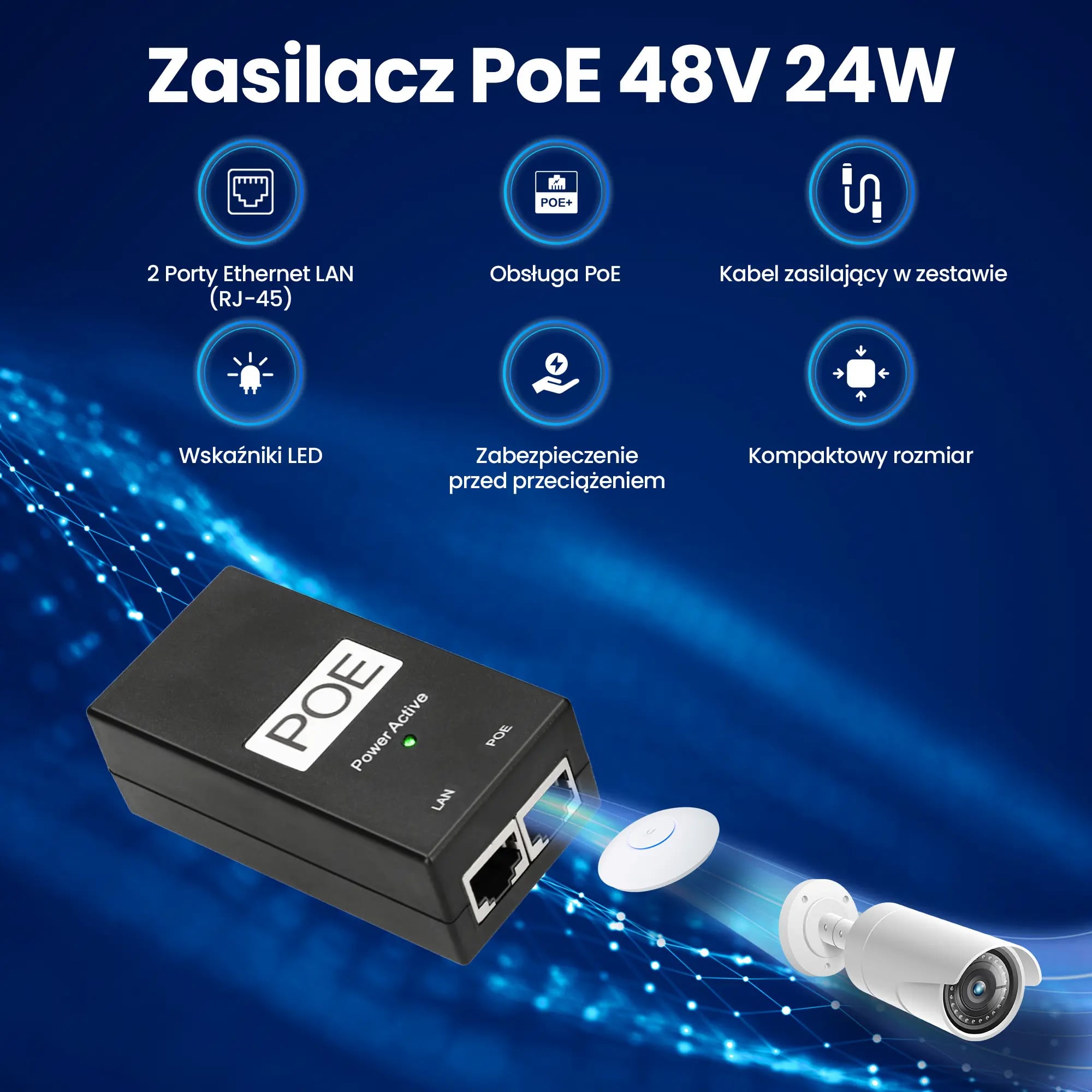 Extralink POE-48-24W | Zasilacz PoE | 48V, 0,5A, 24W, kabel w zestawie