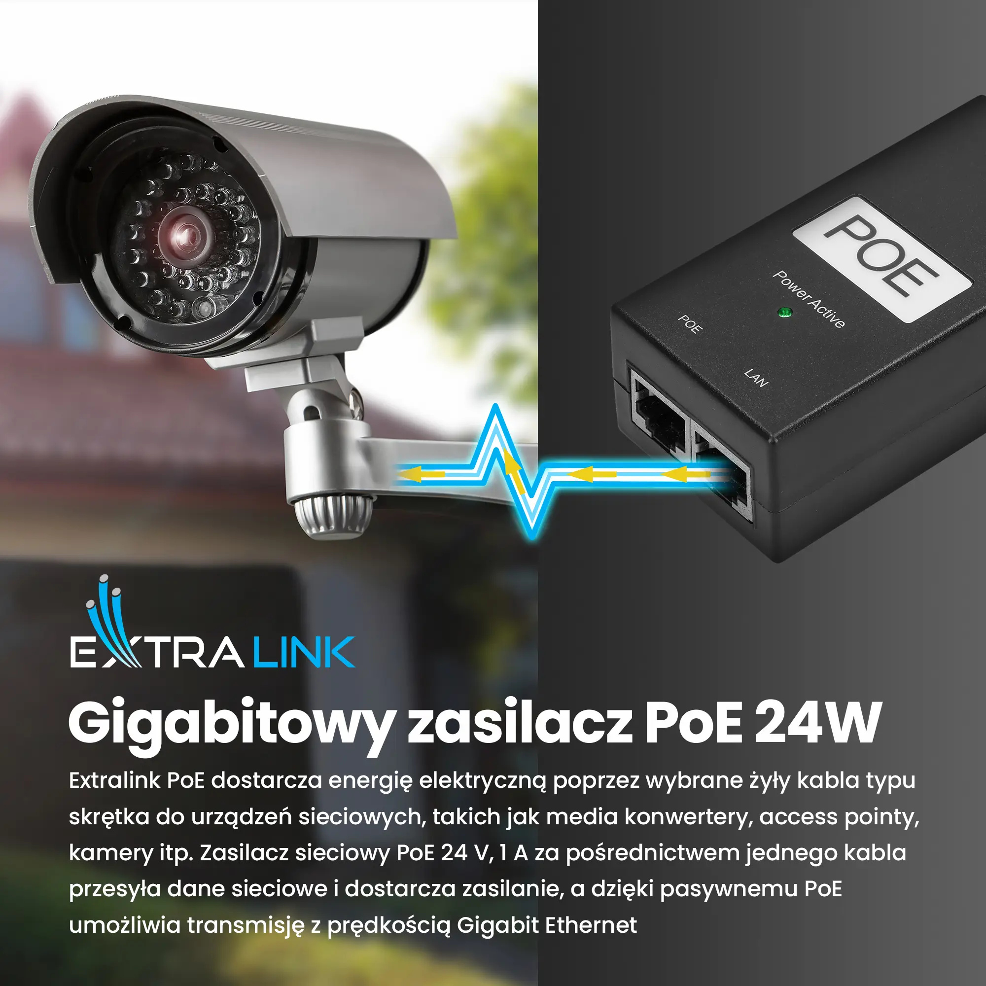 Extralink POE-24-24W-G | Zasilacz PoE | 24V, 1A, 24W, Gigabit, kabel w zestawie