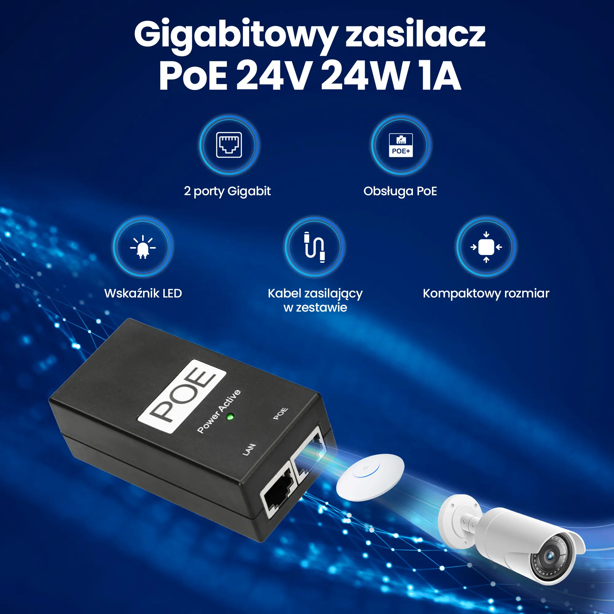 Extralink POE-24-24W-G | Zasilacz PoE | 24V, 1A, 24W, Gigabit, kabel w zestawie