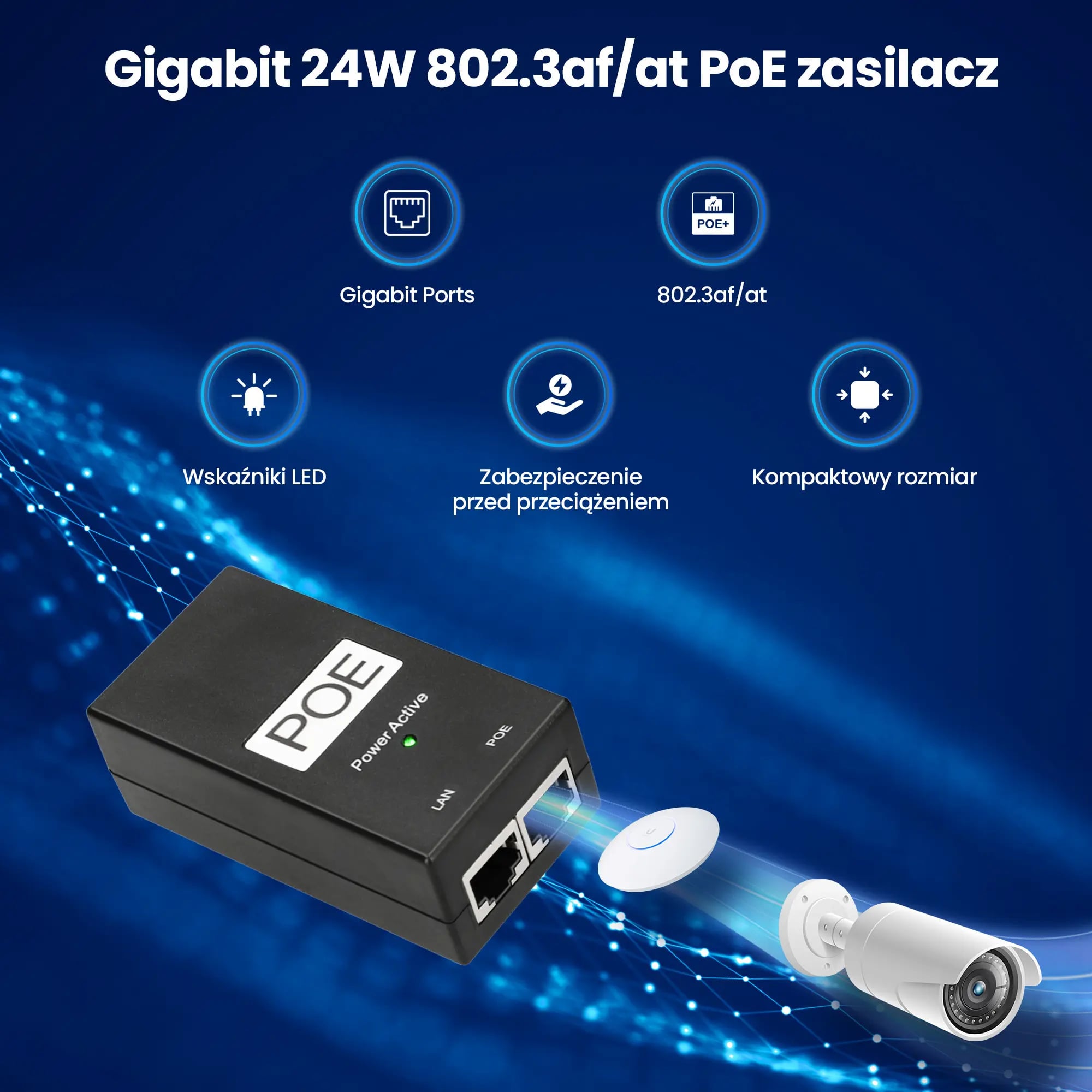 Extralink POE-48-24W-G | Zasilacz PoE | 48V, 0,5A, 24W, Gigabit, kabel w zestawie 802.3af/at