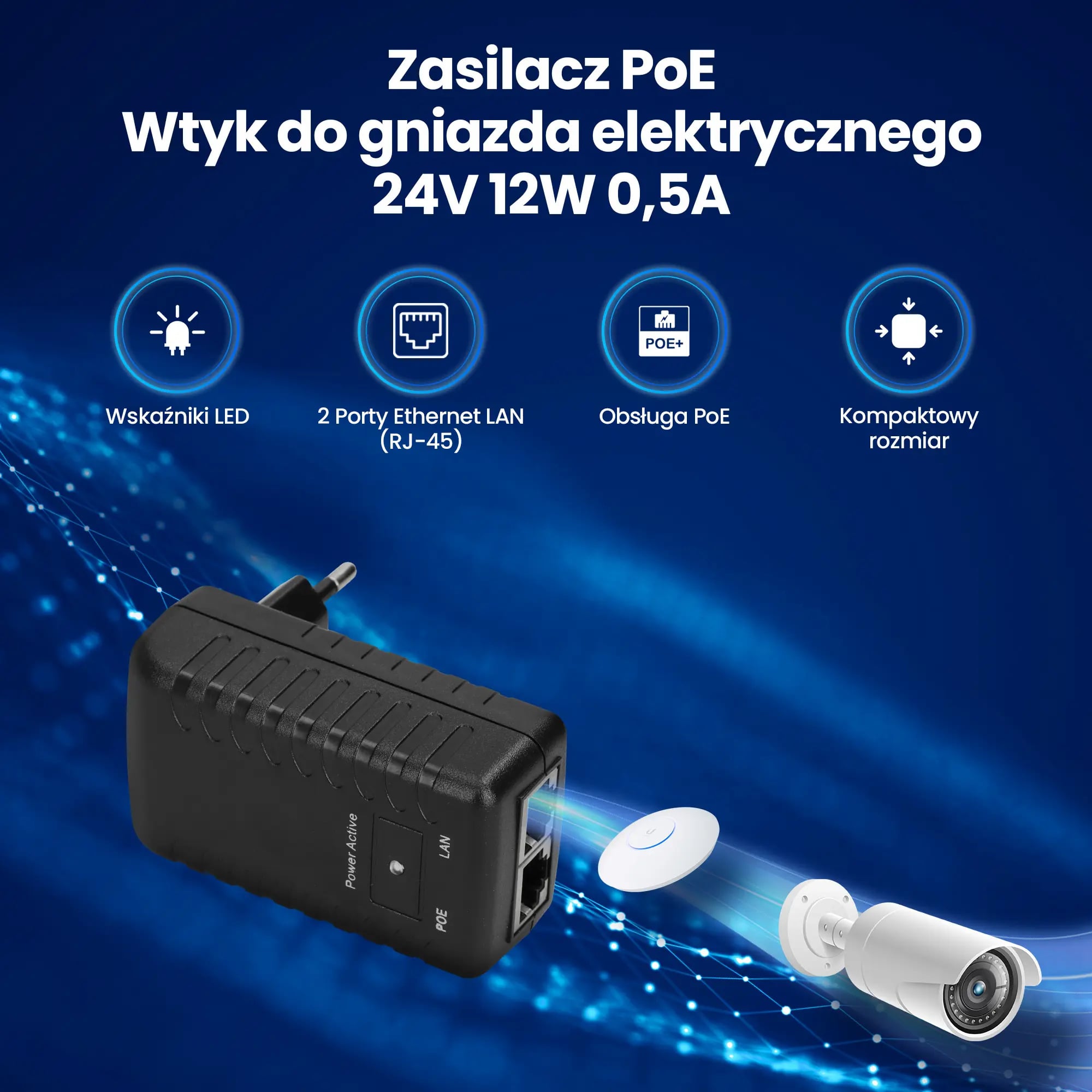 Extralink POE-24-12W | Zasilacz PoE | 24V, 0,5A, 12W, wtyk do gniazda elektrycznego