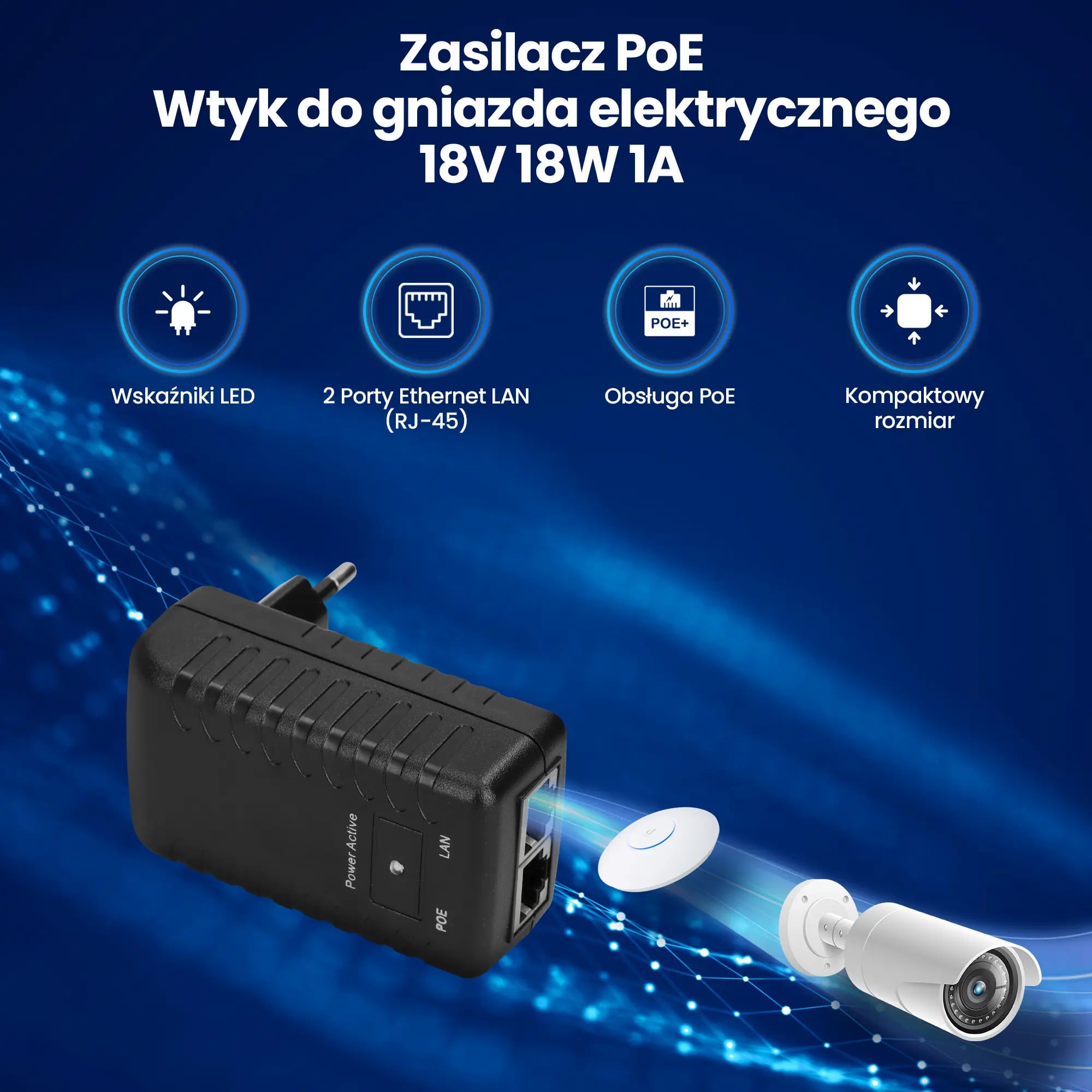 Extralink POE-18-18W | Zasilacz PoE | 18V, 1A, 18W, wtyk do gniazda elektrycznego