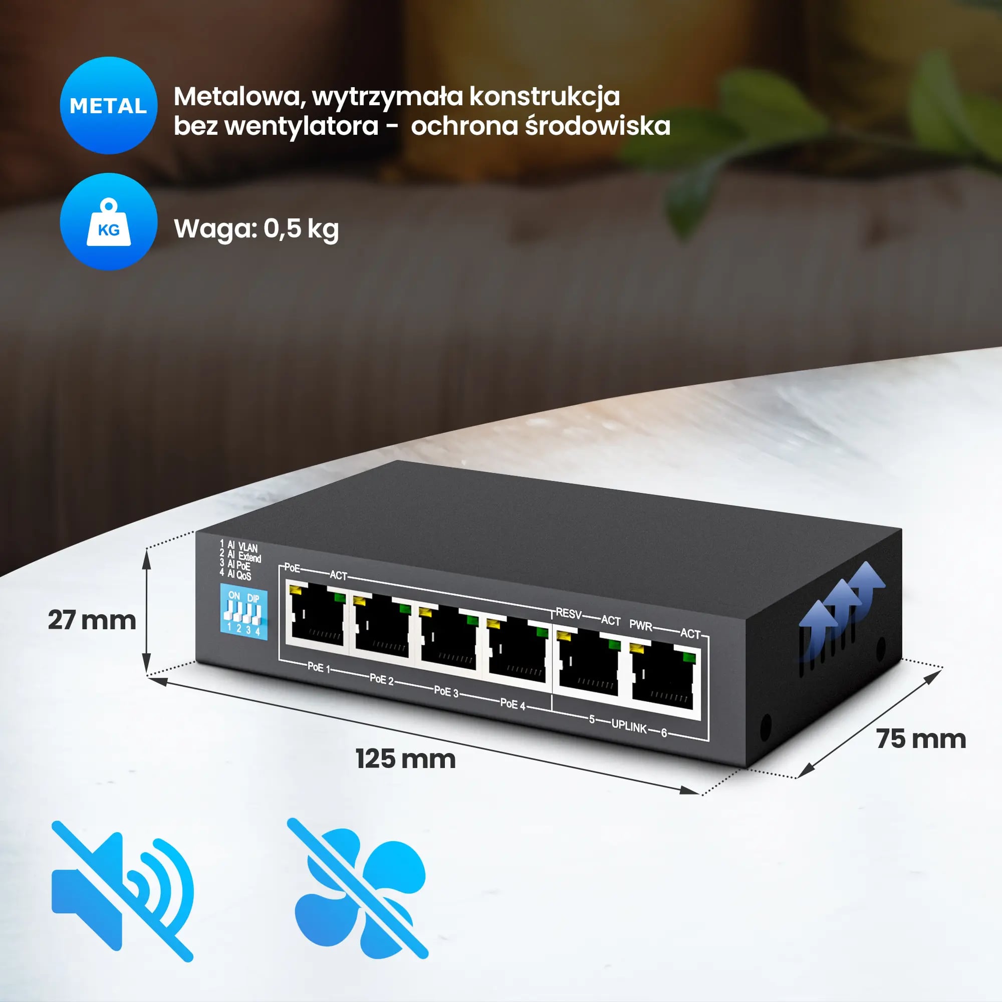 Extralink KRIOS | Switch PoE | 4x Gigabit PoE/PoE+, 2x RJ45 Uplink Gigabit, 60W